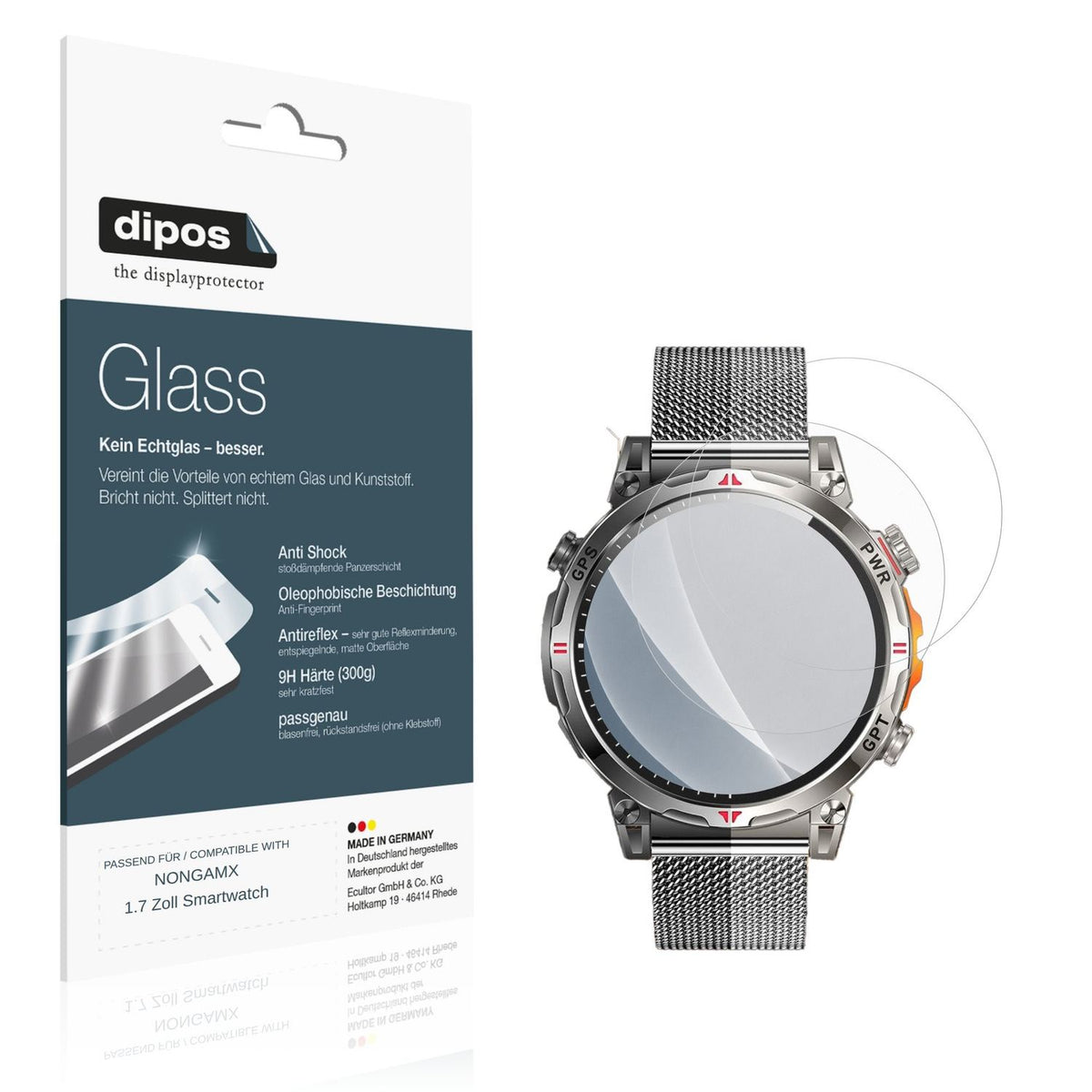 Matte Displayschutzfolie von dipos passend für NONGAMX 1.7 Zoll Smartwatch, 9H kratzfest und blasenfrei montiert