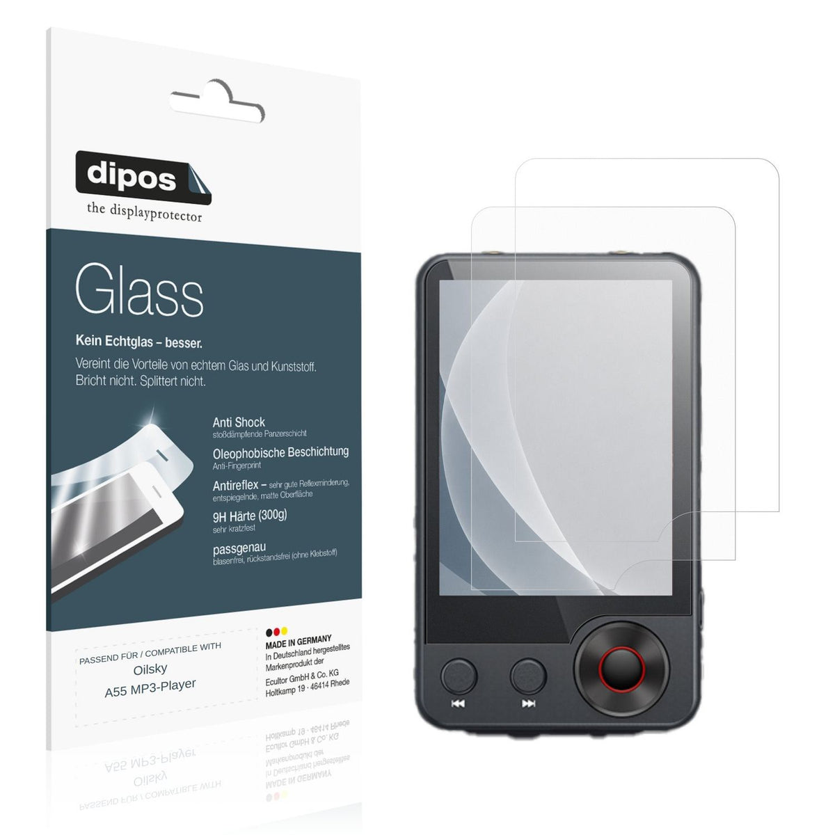 Matte Displayschutzfolie von dipos passend für Oilsky A55 MP3-Player, 9H kratzfest und blasenfrei montiert