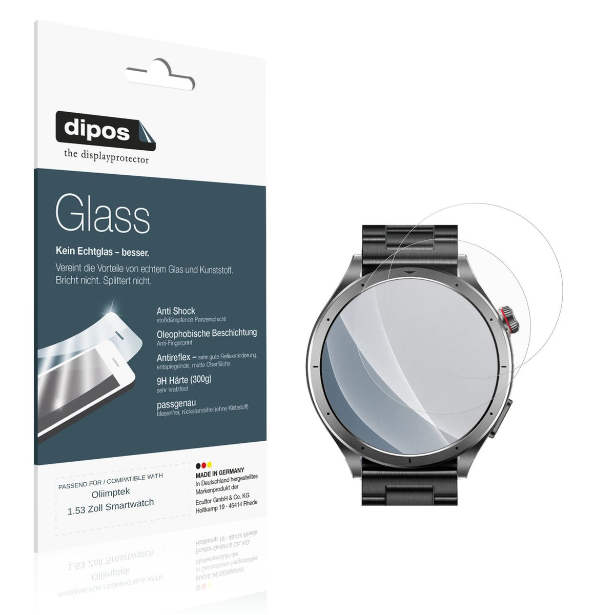 Matte Displayschutzfolie von dipos passend für Oliimptek 1.53 Zoll Smartwatch, 9H kratzfest und blasenfrei montiert