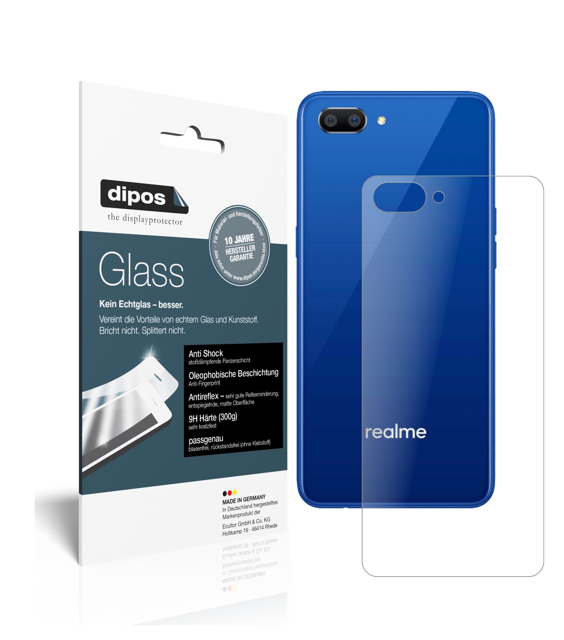 Matte Displayschutzfolie von dipos passend für Oppo Realme C1 (2019) Rückseite, 9H kratzfest und blasenfrei montiert