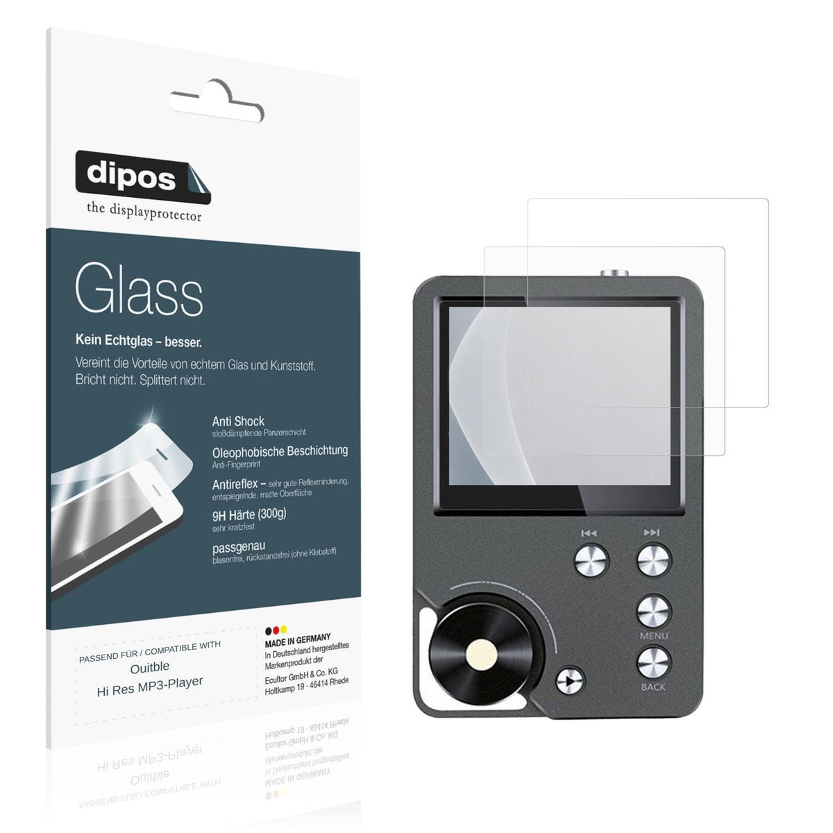 Matte Displayschutzfolie von dipos passend für Ouitble Hi Res MP3-Player, 9H kratzfest und blasenfrei montiert