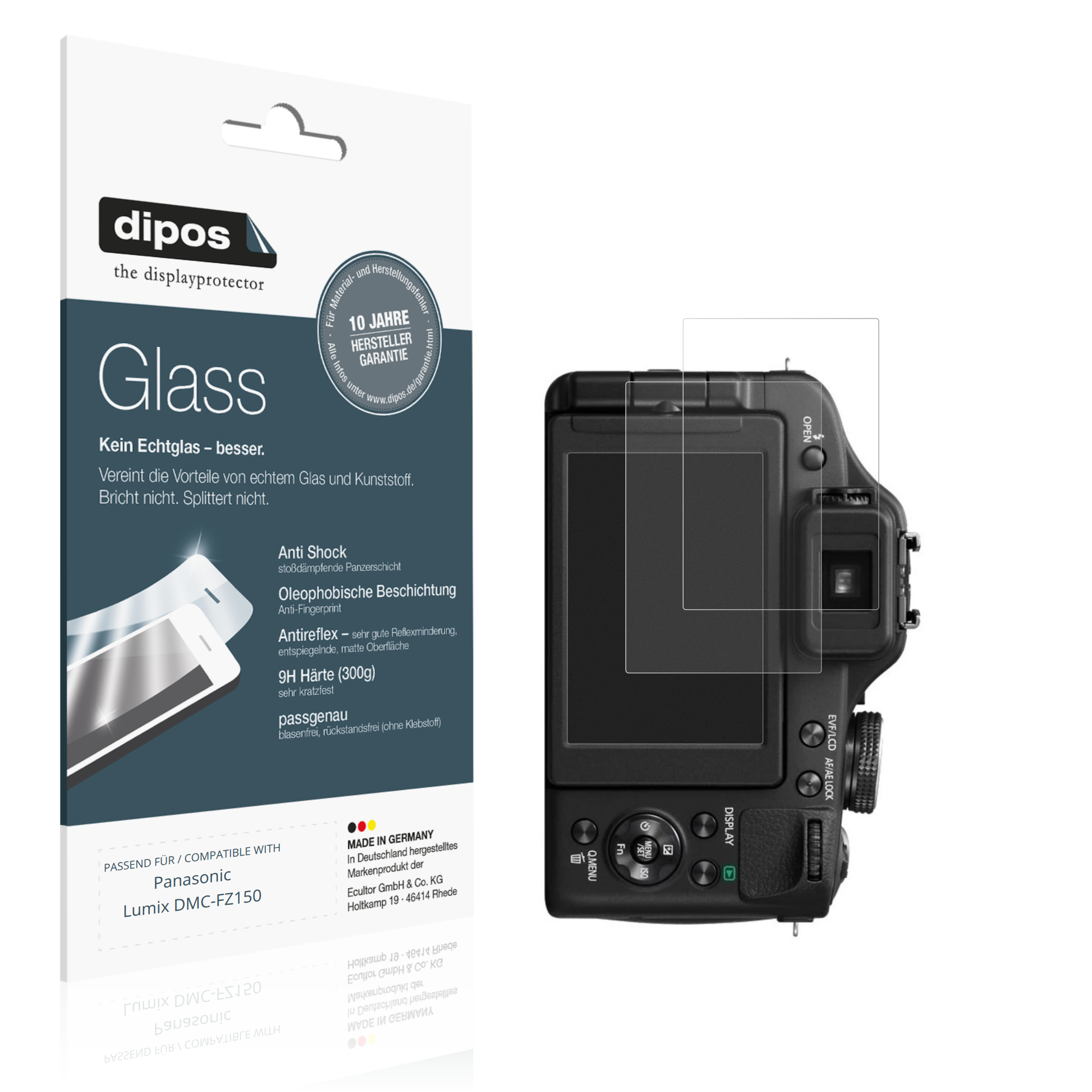 Matte Displayschutzfolie von dipos passend für Panasonic Lumix DMC-FZ150, 9H kratzfest und blasenfrei montiert