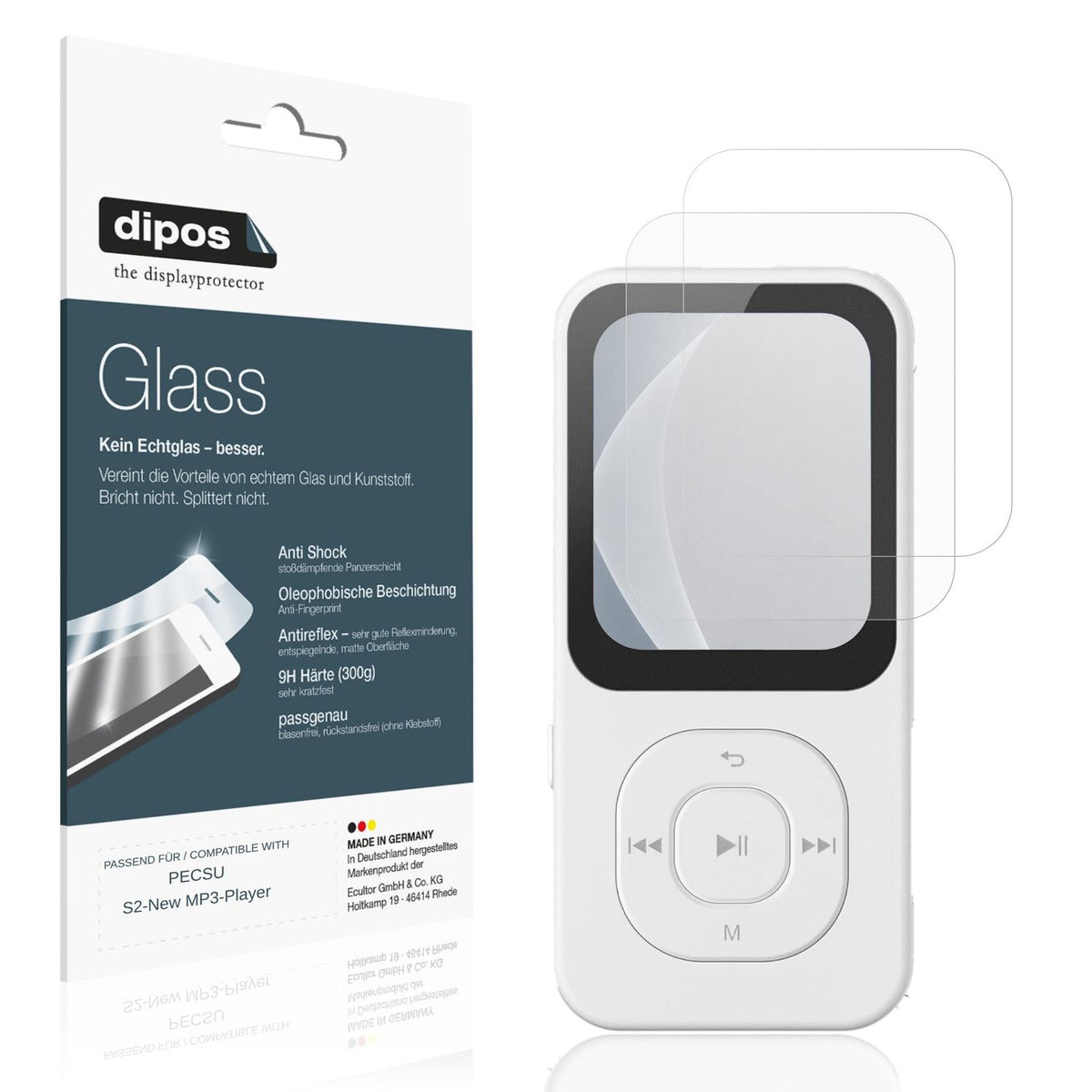 Matte Displayschutzfolie von dipos passend für PECSU S2-New MP3-Player, 9H kratzfest und blasenfrei montiert