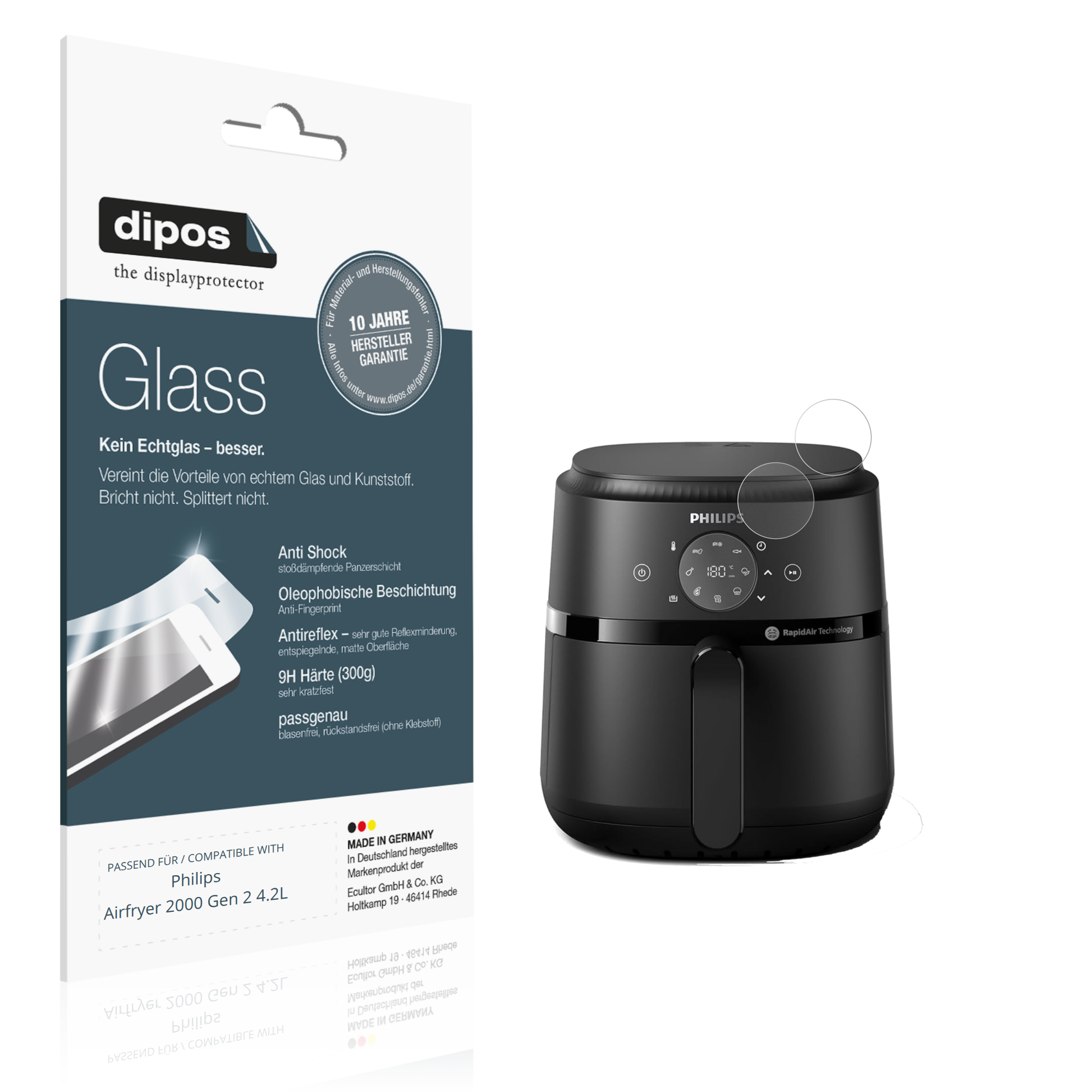 Matte Displayschutzfolie von dipos passend für Philips Airfryer 2000 Gen 2 4.2L, 9H kratzfest und blasenfrei montiert