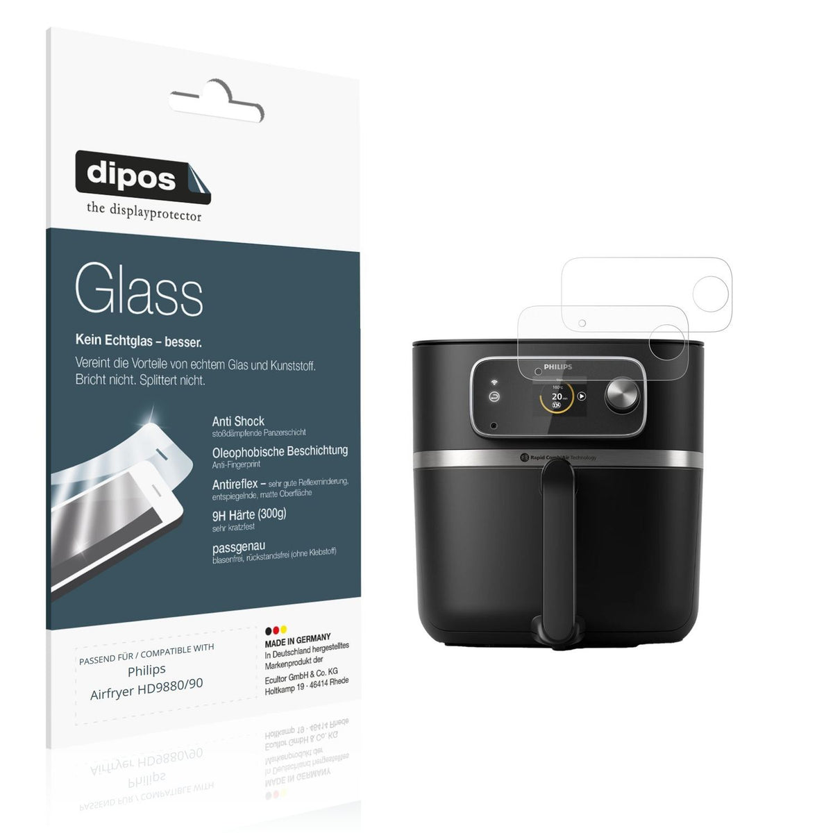 Matte Displayschutzfolie von dipos passend für Philips Airfryer HD9880/90, 9H kratzfest und blasenfrei montiert