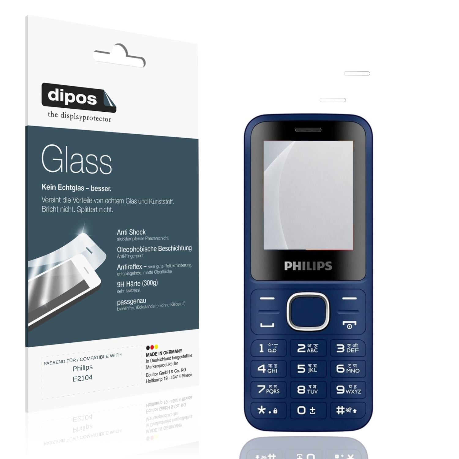 Matte Displayschutzfolie von dipos passend für Philips E2104, 9H kratzfest und blasenfrei montiert