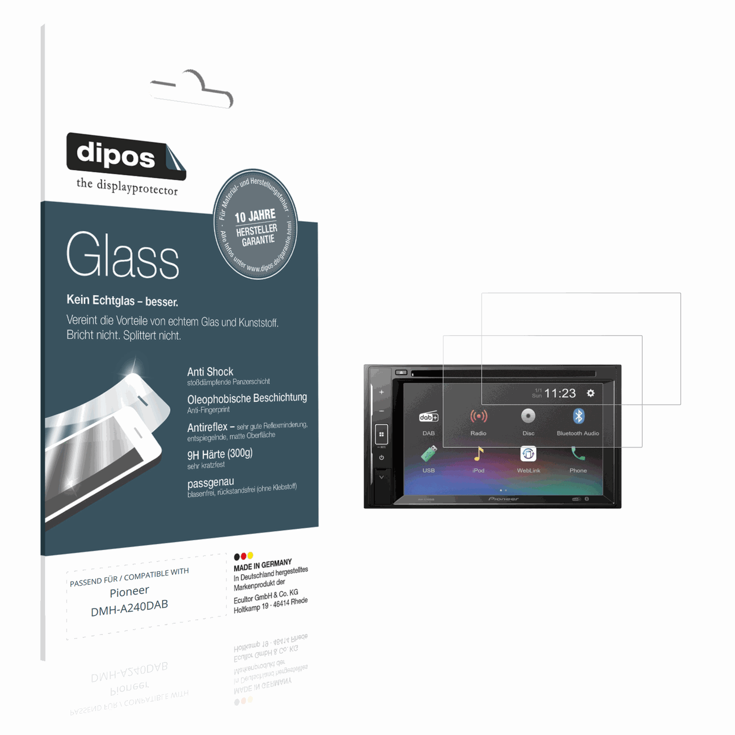 Matte Displayschutzfolie von dipos passend für Pioneer DMH-A240DAB, 9H kratzfest und blasenfrei montiert