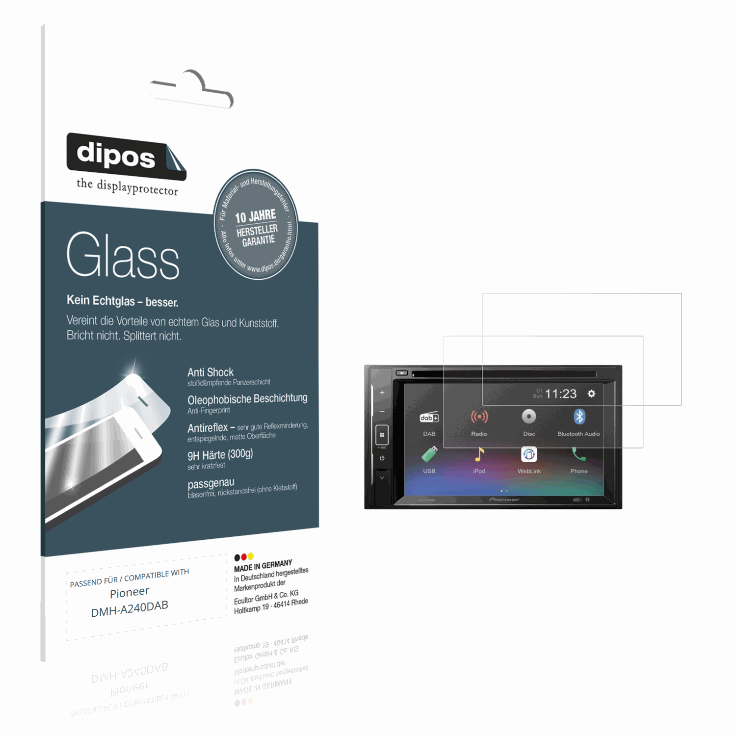 Matte Displayschutzfolie von dipos passend für Pioneer DMH-A240DAB, 9H kratzfest und blasenfrei montiert