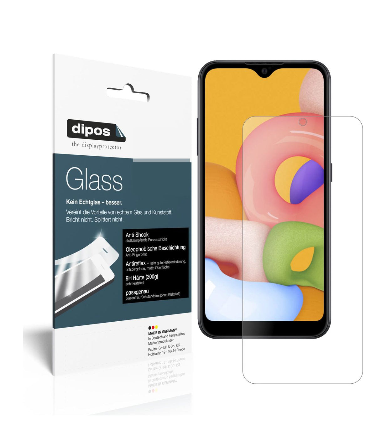 Matte Displayschutzfolie von dipos passend für Samsung Galaxy A01, 9H kratzfest und blasenfrei montiert