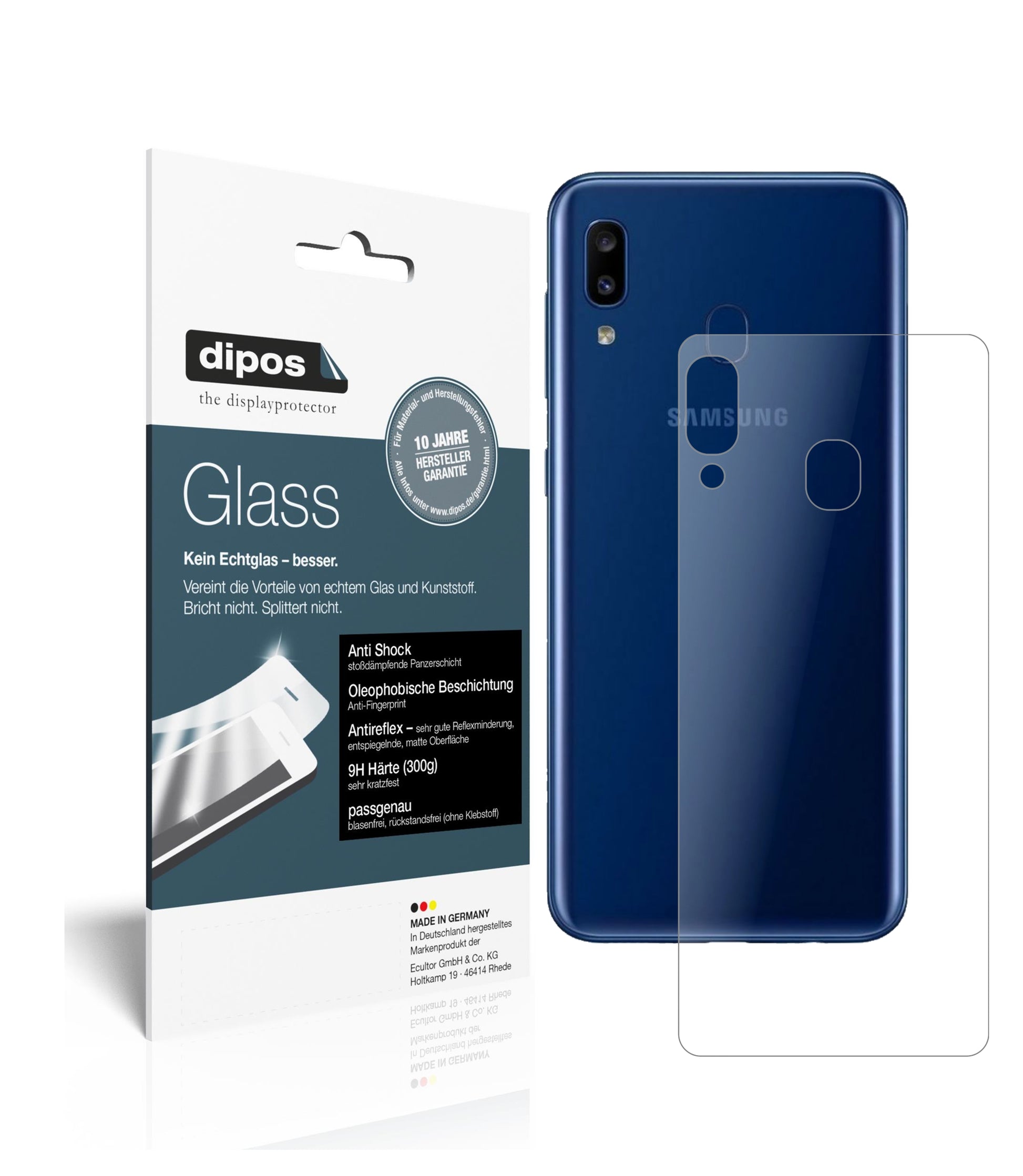 Matte Displayschutzfolie von dipos passend für Samsung Galaxy A20 Rückseite, 9H kratzfest und blasenfrei montiert