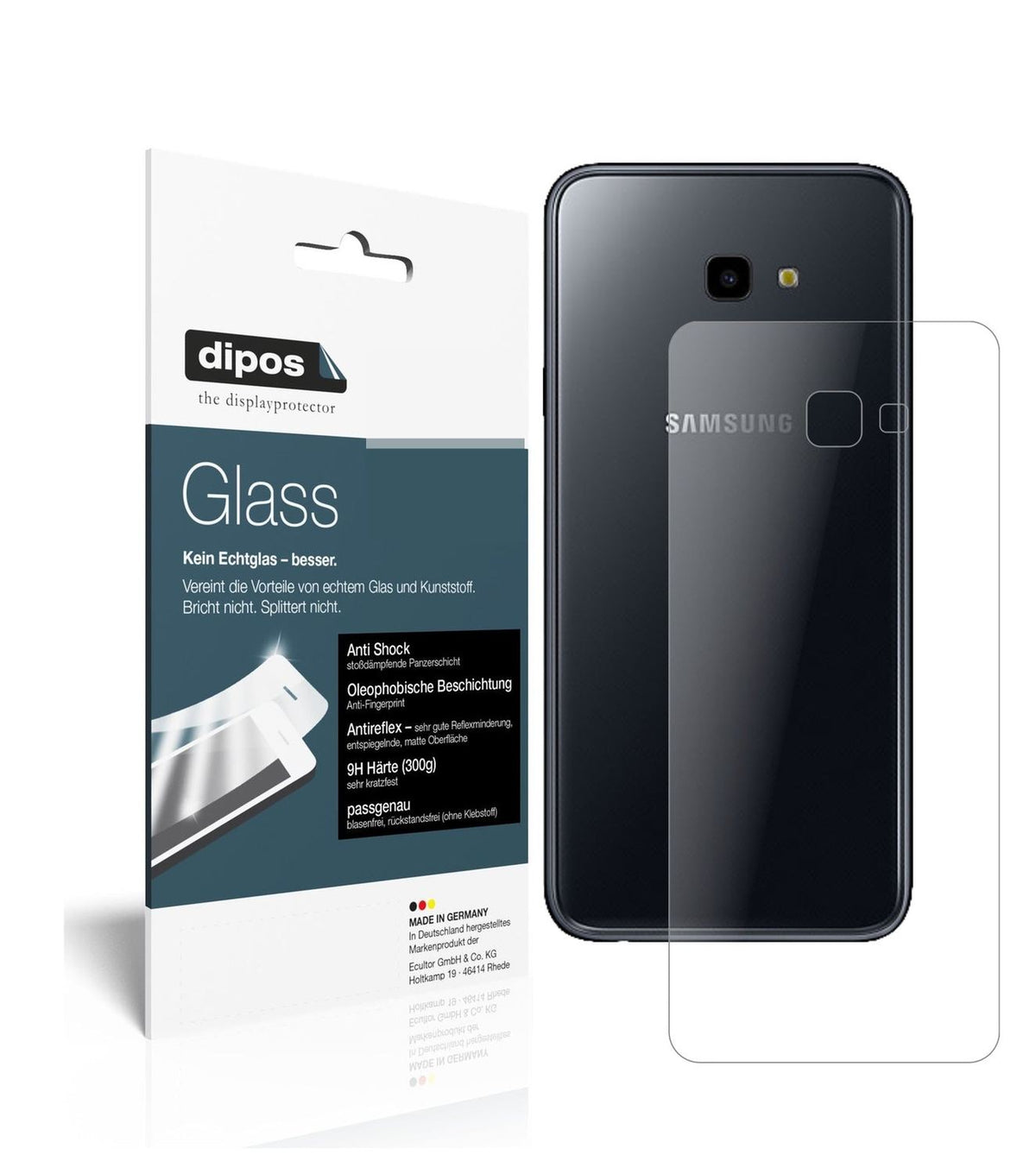 Matte Displayschutzfolie von dipos passend für Samsung Galaxy J4 Plus (2018) Rückseite, 9H kratzfest und blasenfrei montiert