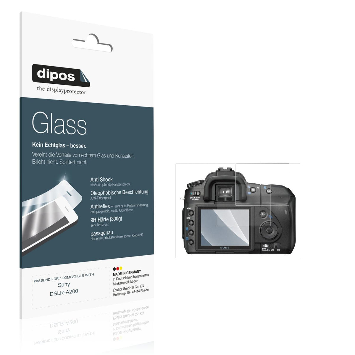 Matte Displayschutzfolie von dipos passend für Sony DSLR-A200, 9H kratzfest und blasenfrei montiert