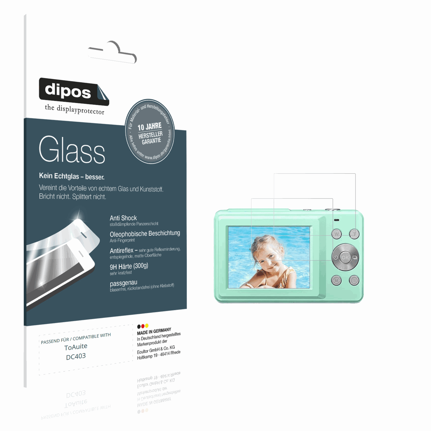 Matte Displayschutzfolie von dipos passend für ToAuite DC403, 9H kratzfest und blasenfrei montiert