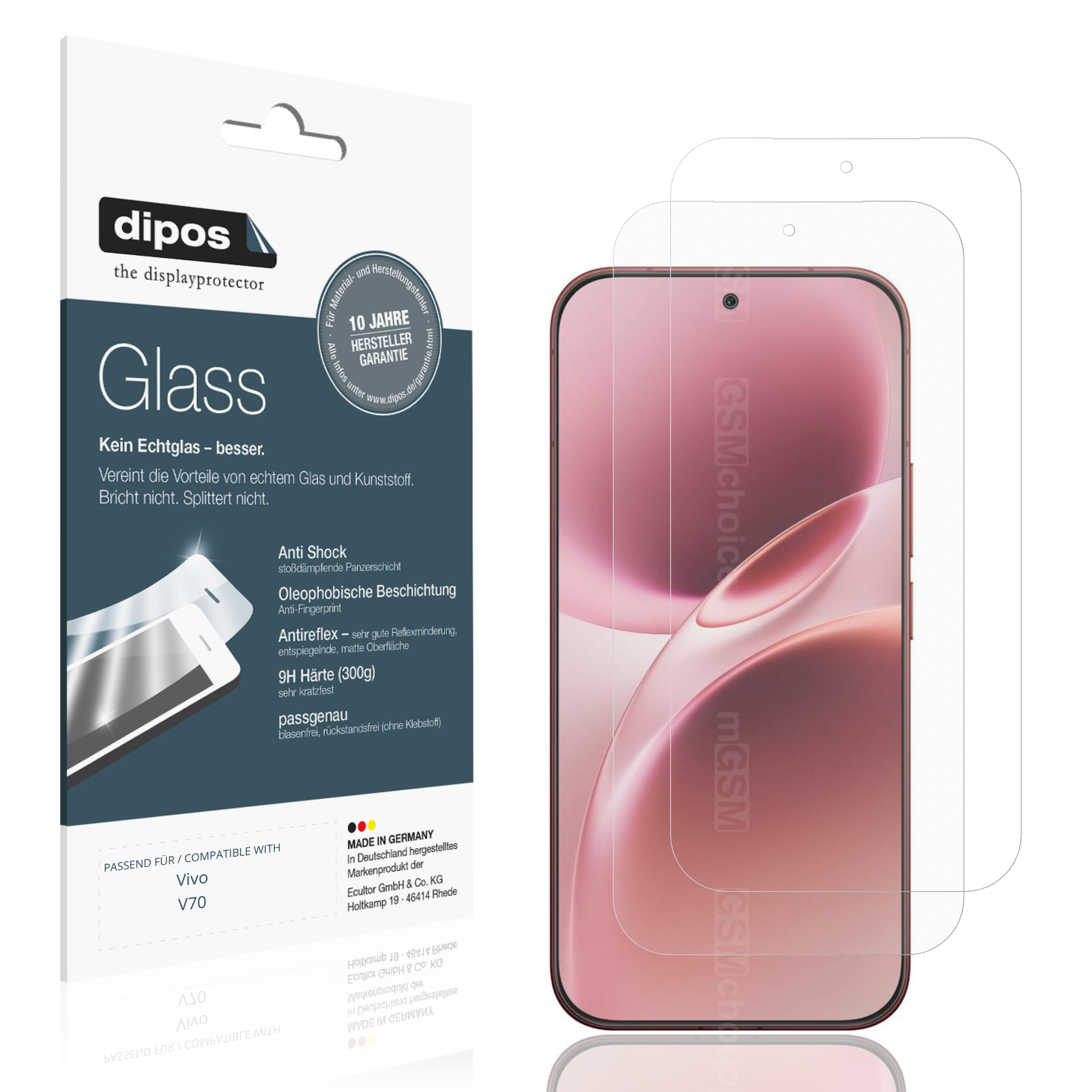 Matte Displayschutzfolie von dipos passend für Vivo V70, 9H kratzfest und blasenfrei montiert