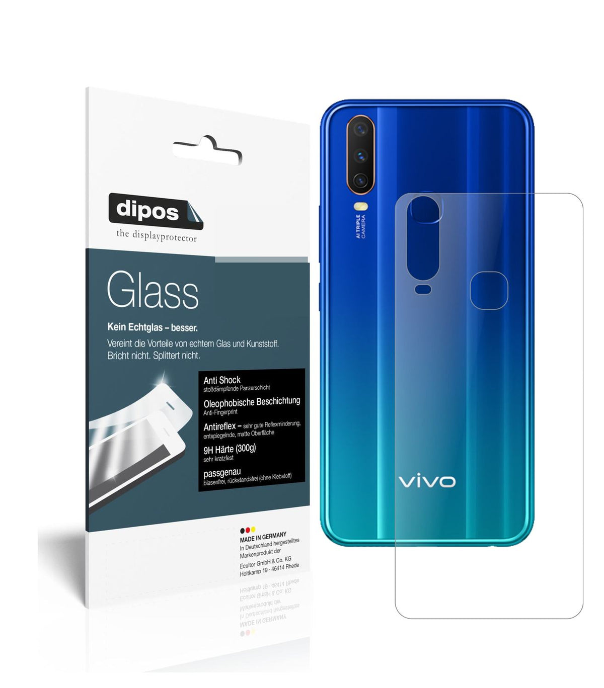Matte Displayschutzfolie von dipos passend für Vivo Y12 Rückseite, 9H kratzfest und blasenfrei montiert