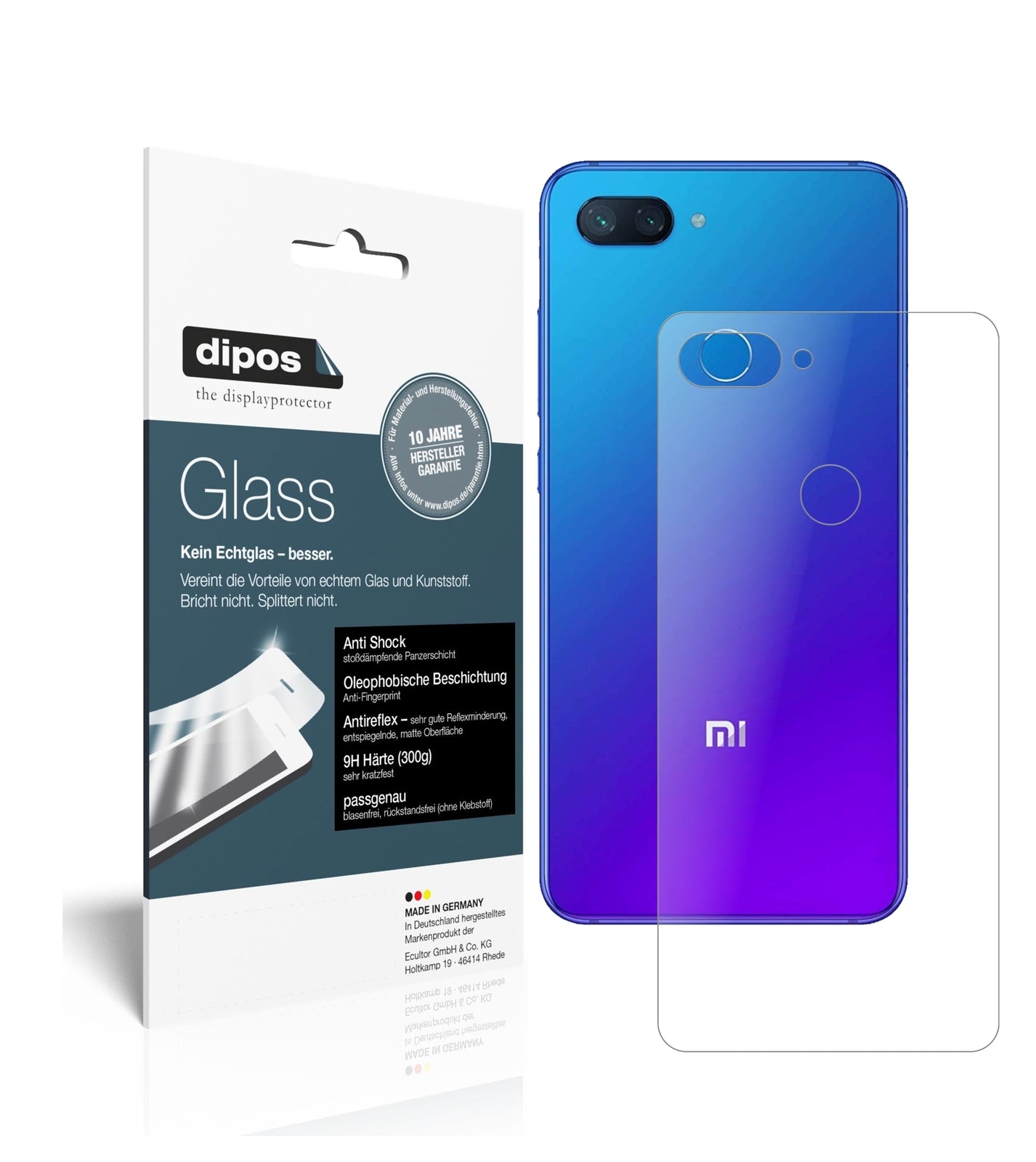 Matte Displayschutzfolie von dipos passend für Xiaomi Mi 8 Lite Rückseite, 9H kratzfest und blasenfrei montiert