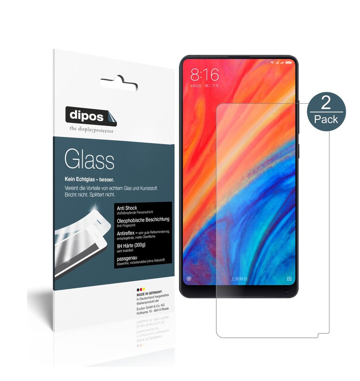 Matte Displayschutzfolie von dipos passend für Xiaomi Mi Mix 2S, 9H kratzfest und blasenfrei montiert