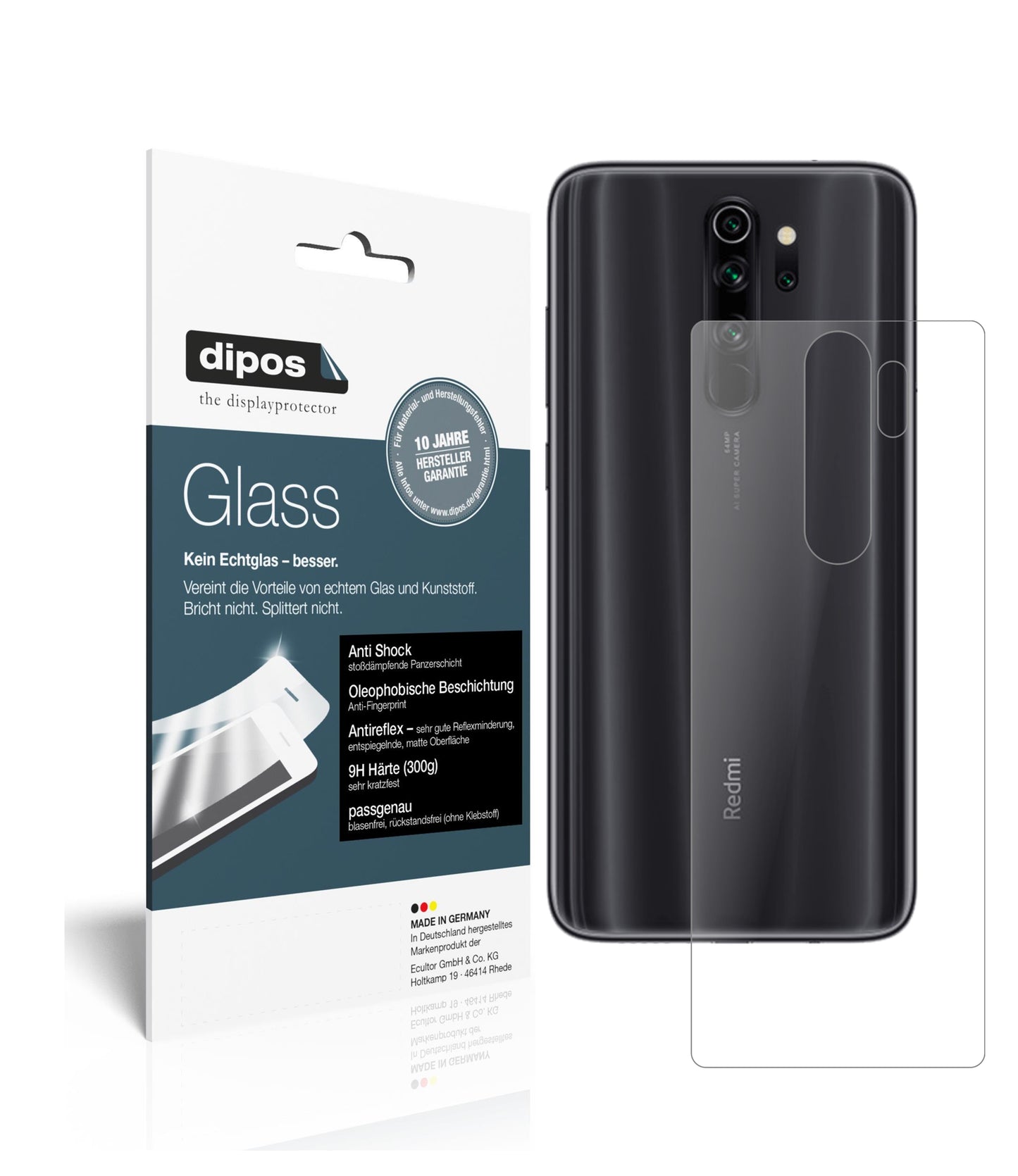 Matte Displayschutzfolie von dipos passend für Xiaomi Redmi Note 8 Rückseite, 9H kratzfest und blasenfrei montiert