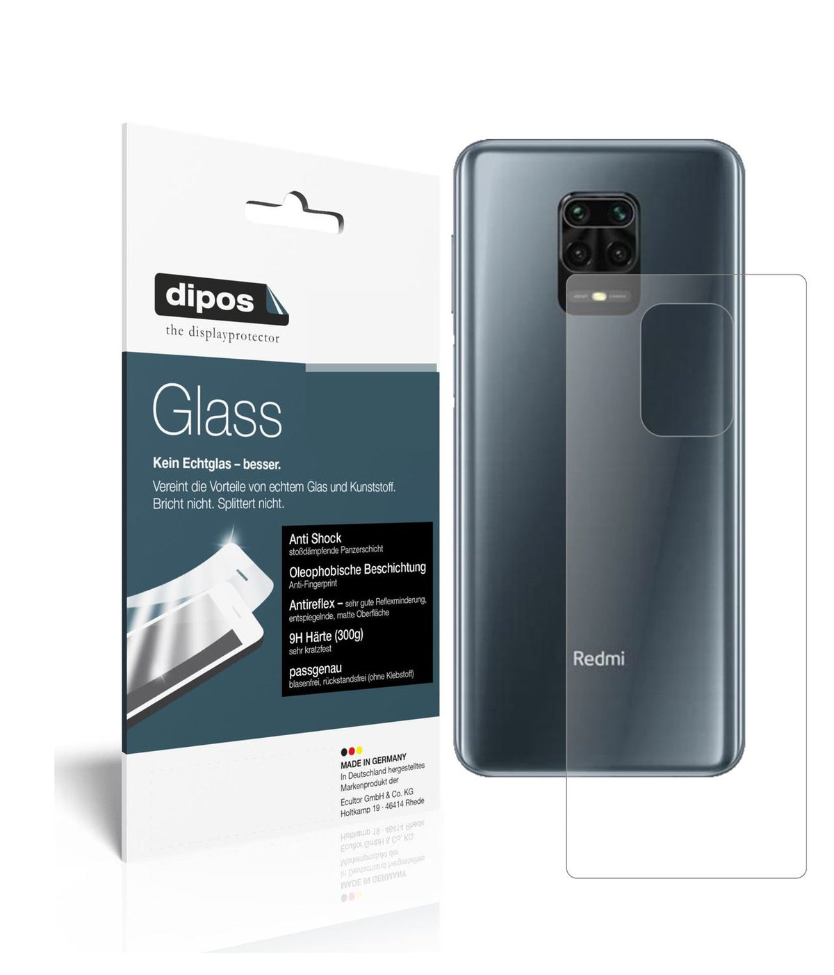 Matte Displayschutzfolie von dipos passend für Xiaomi Redmi Note 9 Pro Rückseite, 9H kratzfest und blasenfrei montiert