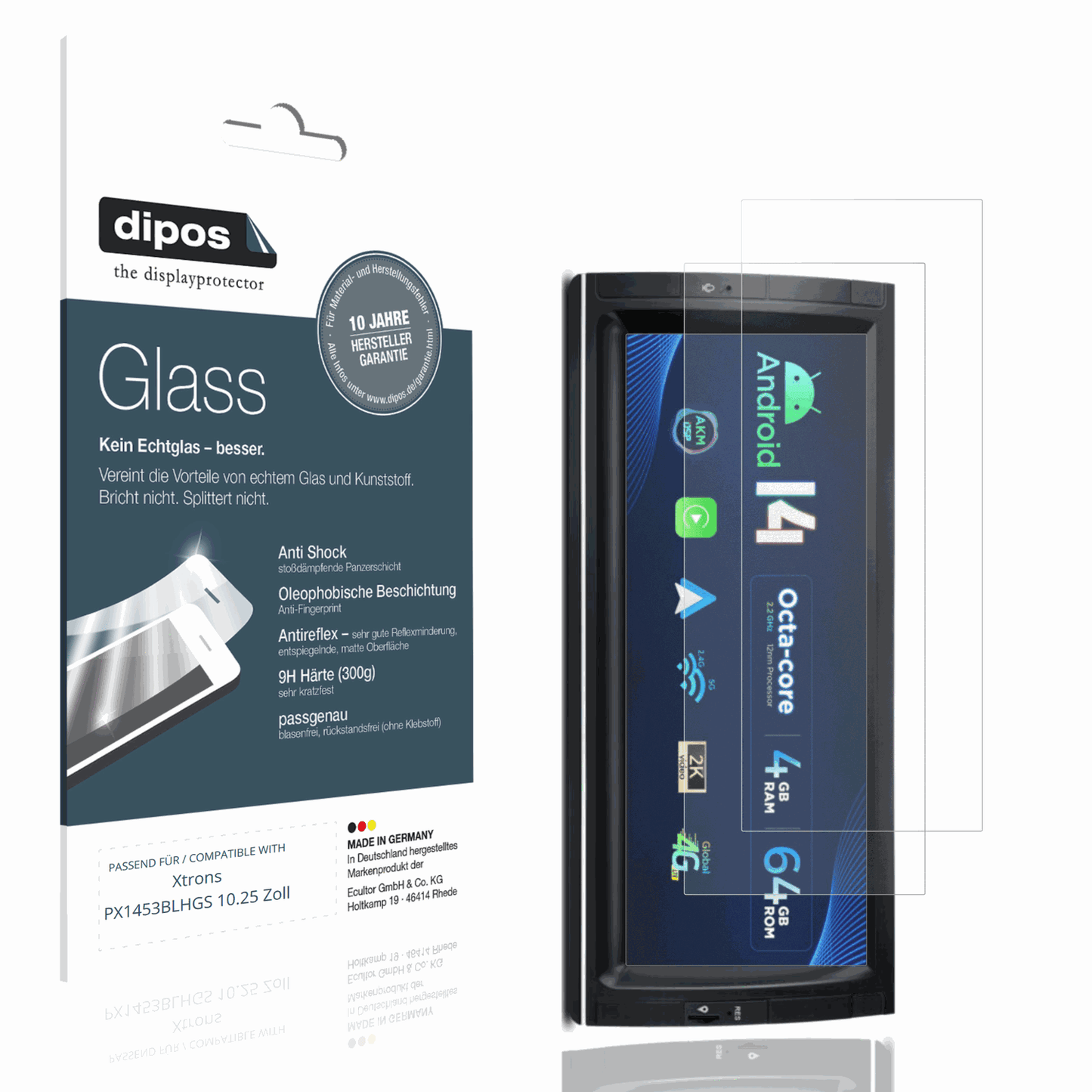 Matte Displayschutzfolie von dipos passend für Xtrons PX1453BLHGS 10.25 Zoll, 9H kratzfest und blasenfrei montiert