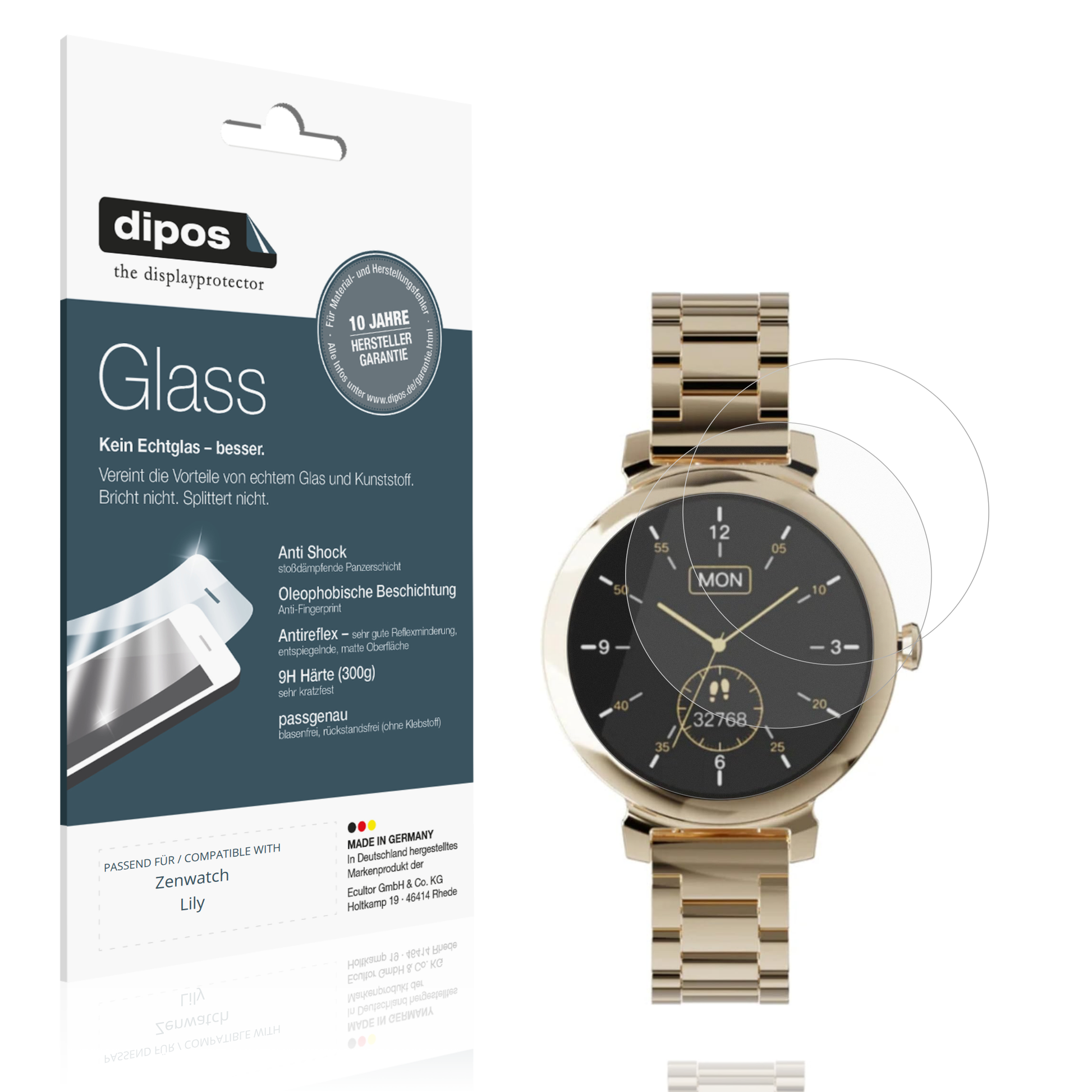 Matte Displayschutzfolie von dipos passend für Zenwatch Lily, 9H kratzfest und blasenfrei montiert