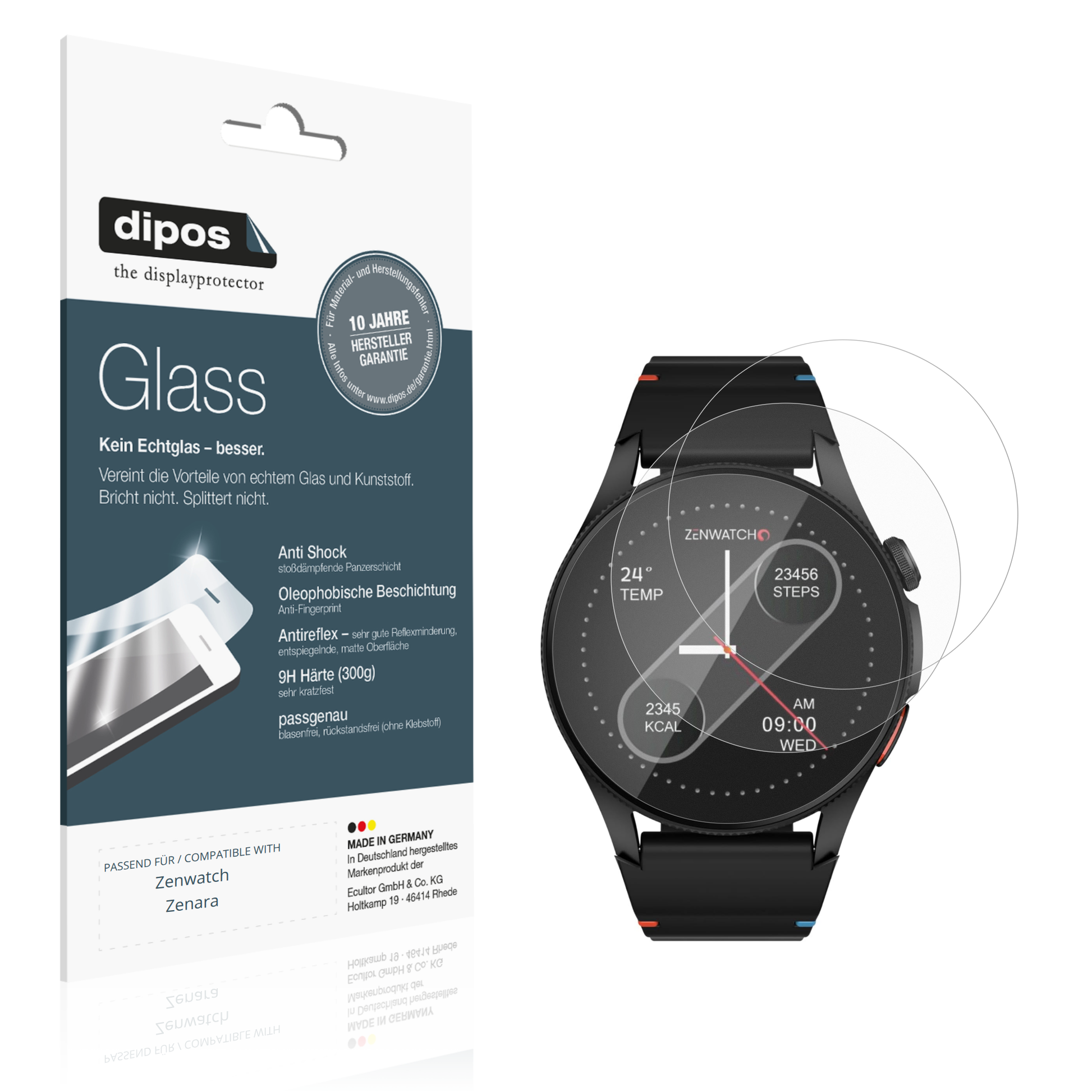 Matte Displayschutzfolie von dipos passend für Zenwatch Zenara, 9H kratzfest und blasenfrei montiert