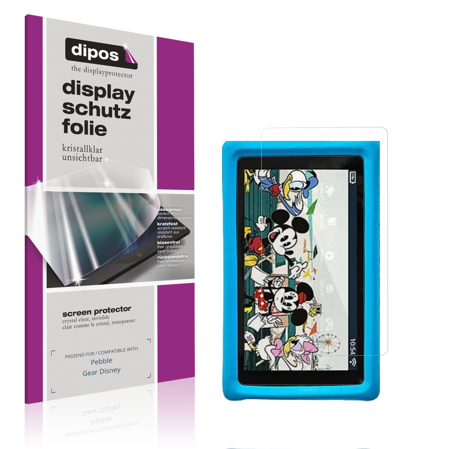 Klare Displayschutzfolie von dipos passend für Pebble Gear Disney, präziser Zuschnitt und blasenfrei montiert