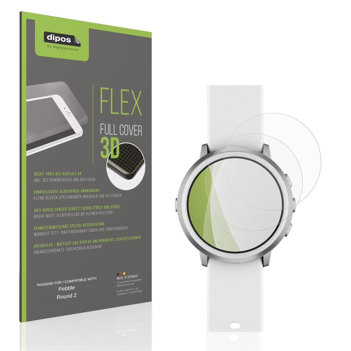 Matte Displayschutzfolie von dipos passend für Pebble Round 2, 100% Displayabdeckung und blasenfreie Montage
