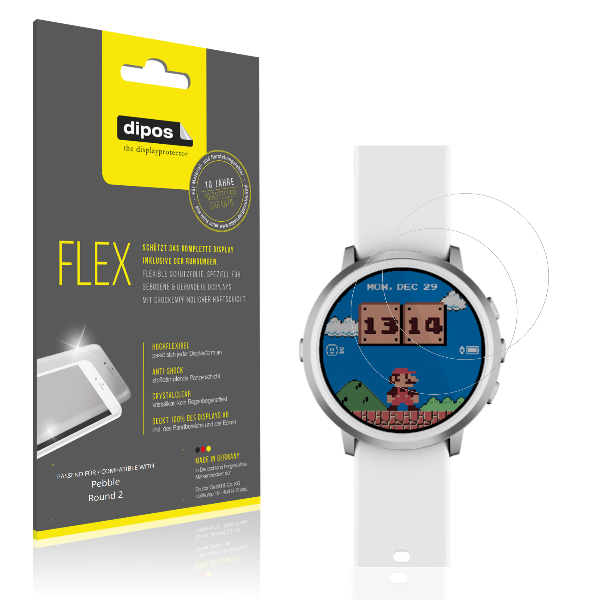 Klare Displayschutzfolie von dipos passend für Pebble Round 2, 100% Displayabdeckung und blasenfreie Montage