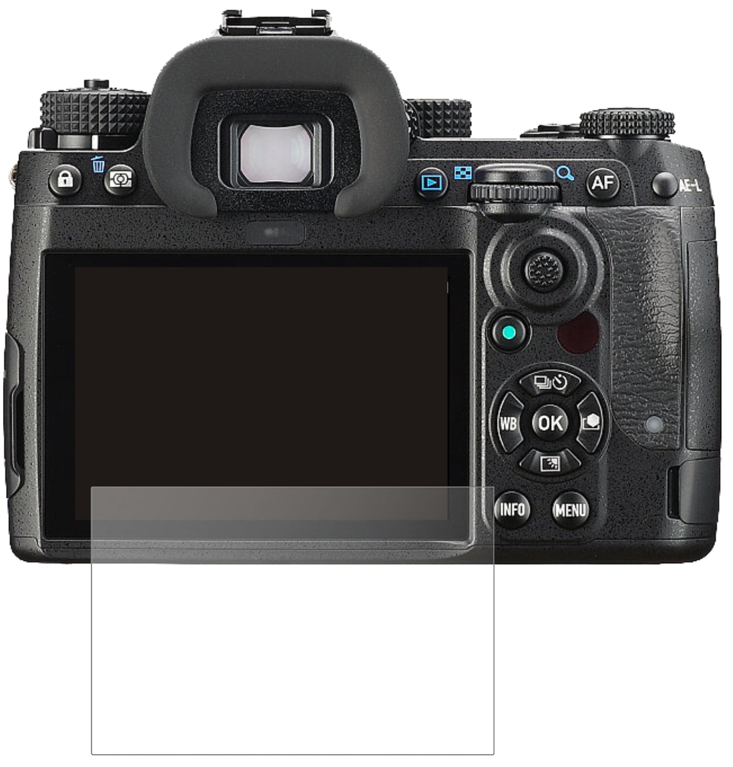 PentaxK-3 III mit aufgebrachter dipos Panzerfolie, die lästige Fingerabdrücke minimiert