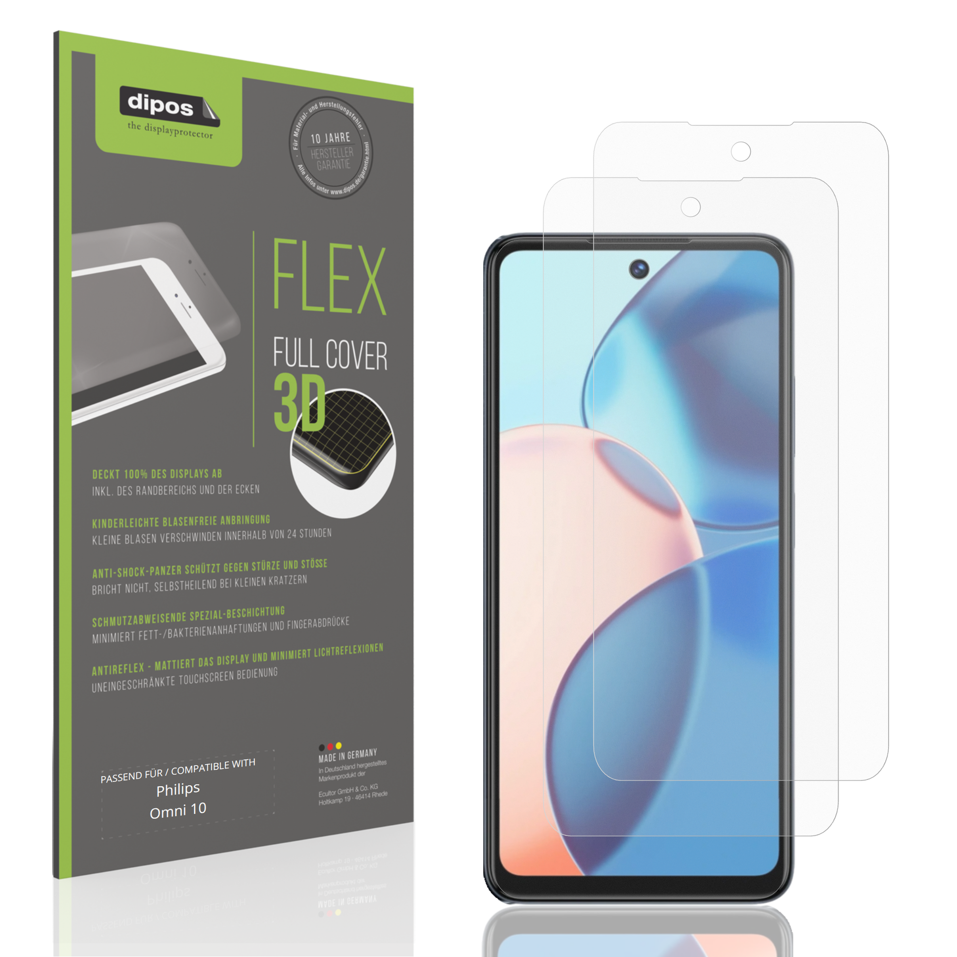 Matte Displayschutzfolie von dipos passend für Philips Omni 10, 100% Displayabdeckung und blasenfreie Montage