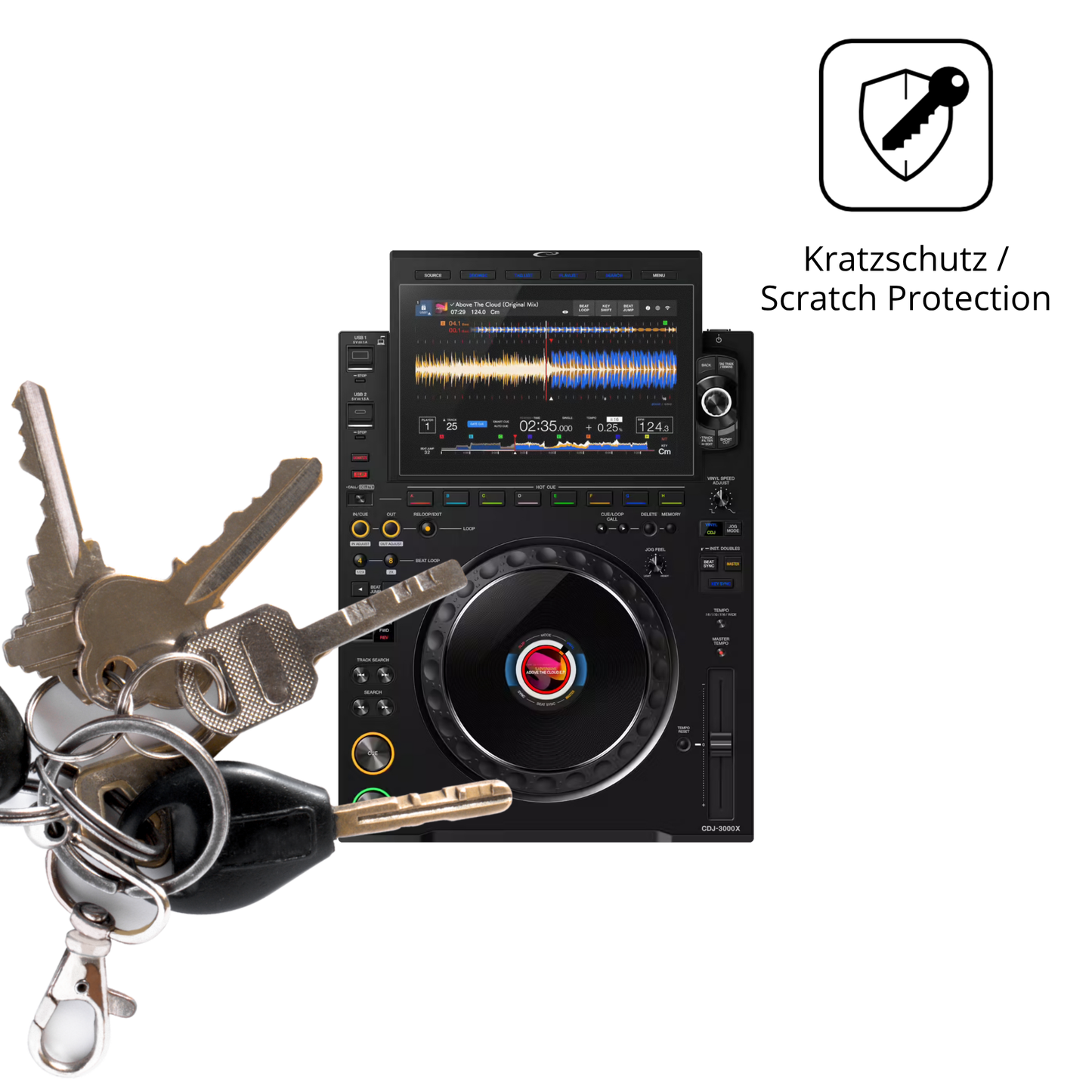 Schutz gegen Kratzer auf dem Pioneer CDJ 3000X Glas durch Schlüssel oder Ähnliches