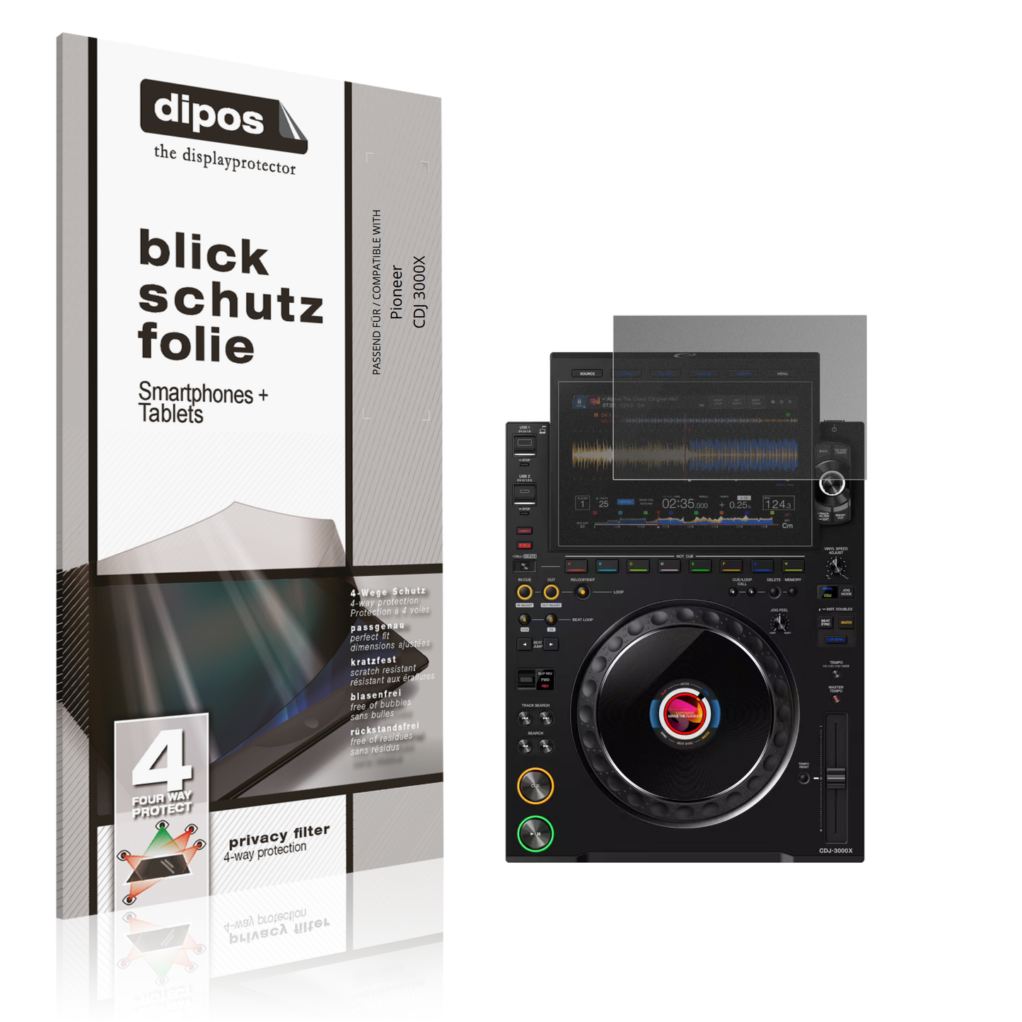 Blickschutzfolie von dipos passend für Pioneer CDJ 3000X, präziser Zuschnitt und blasenfrei montiert