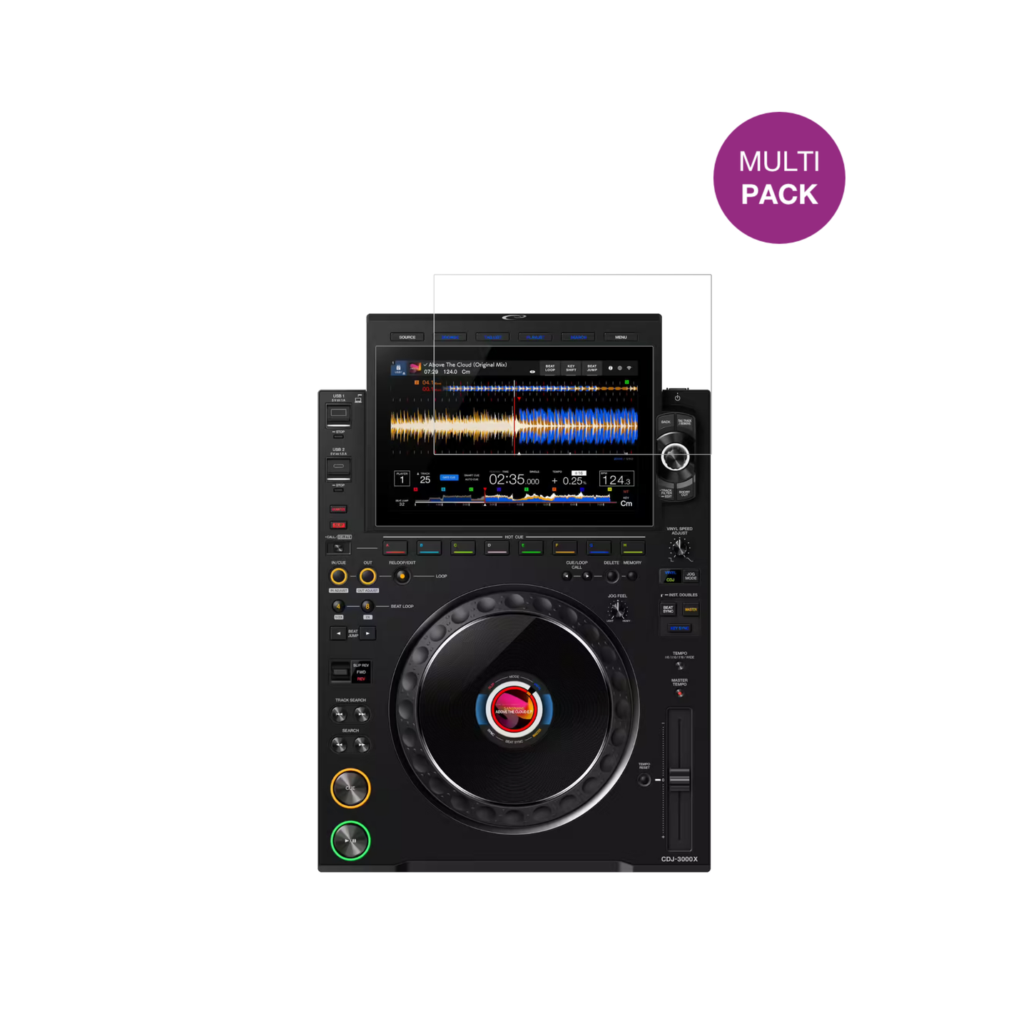 PioneerCDJ 3000X mit aufgebrachter dipos Displayschutzfolie, glasklare Darstellung ohne Einschränkungen