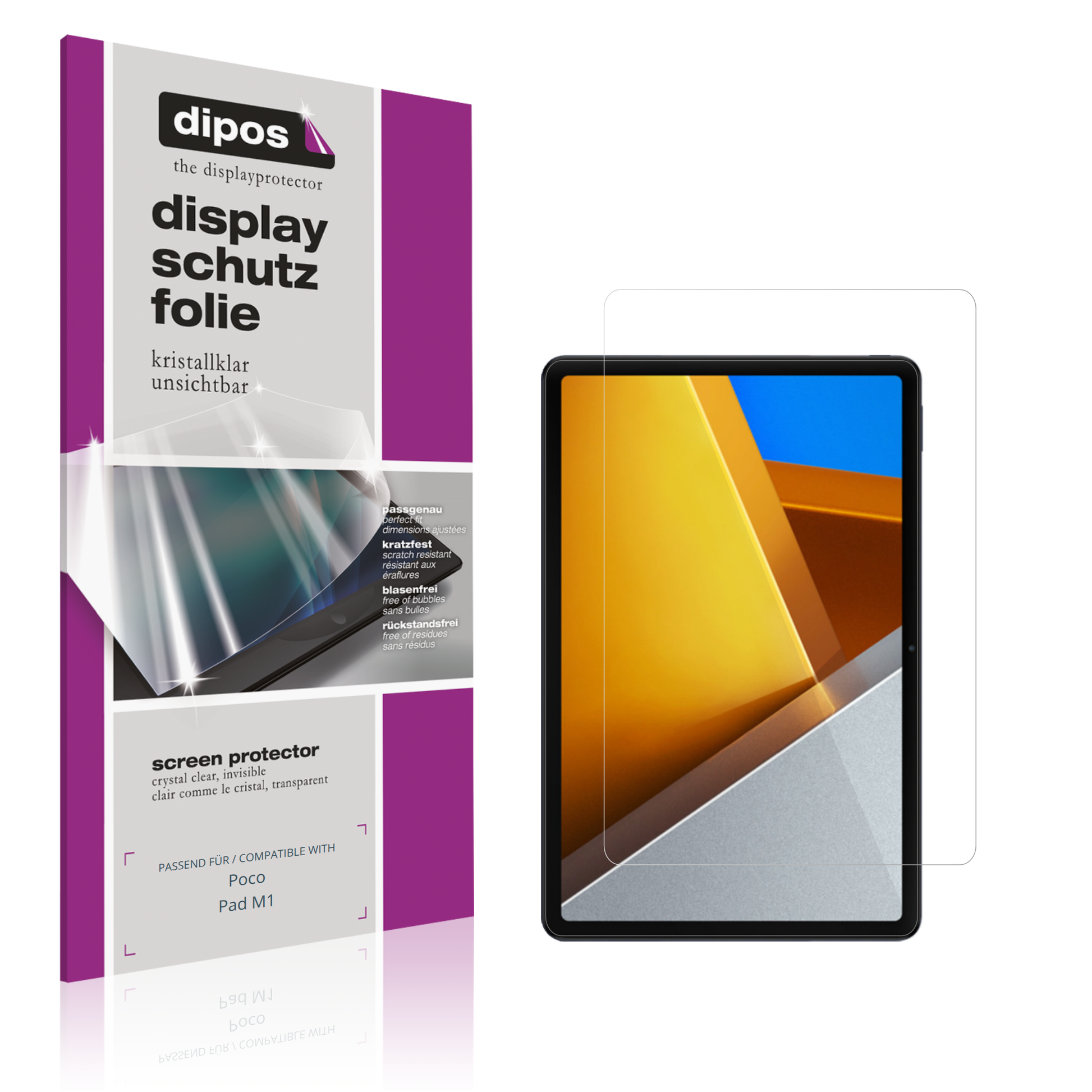 Klare Displayschutzfolie von dipos passend für Poco Pad M1, präziser Zuschnitt und blasenfrei montiert