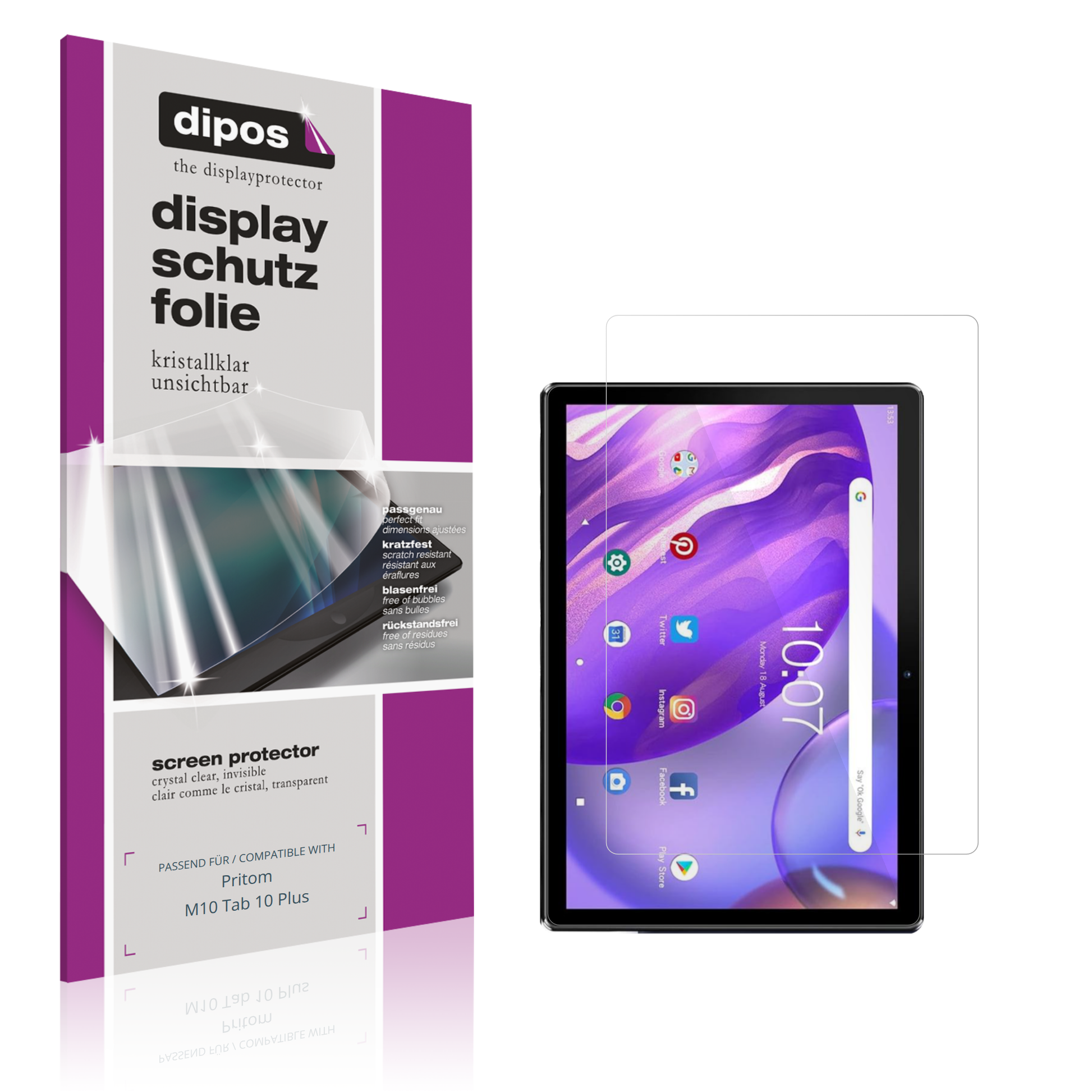 Klare Displayschutzfolie von dipos passend für pritomm10 tab 10 plus, präziser Zuschnitt und blasenfrei montiert