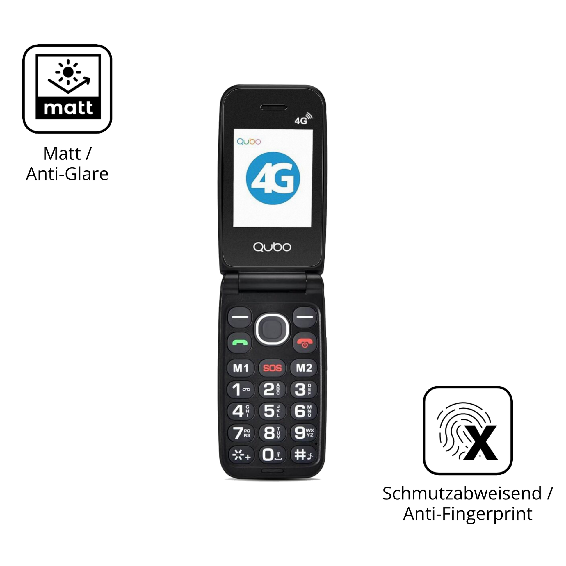 Dünne und entspiegelnde Folie passend zugeschnitten für Qubo 4G Klapphandy