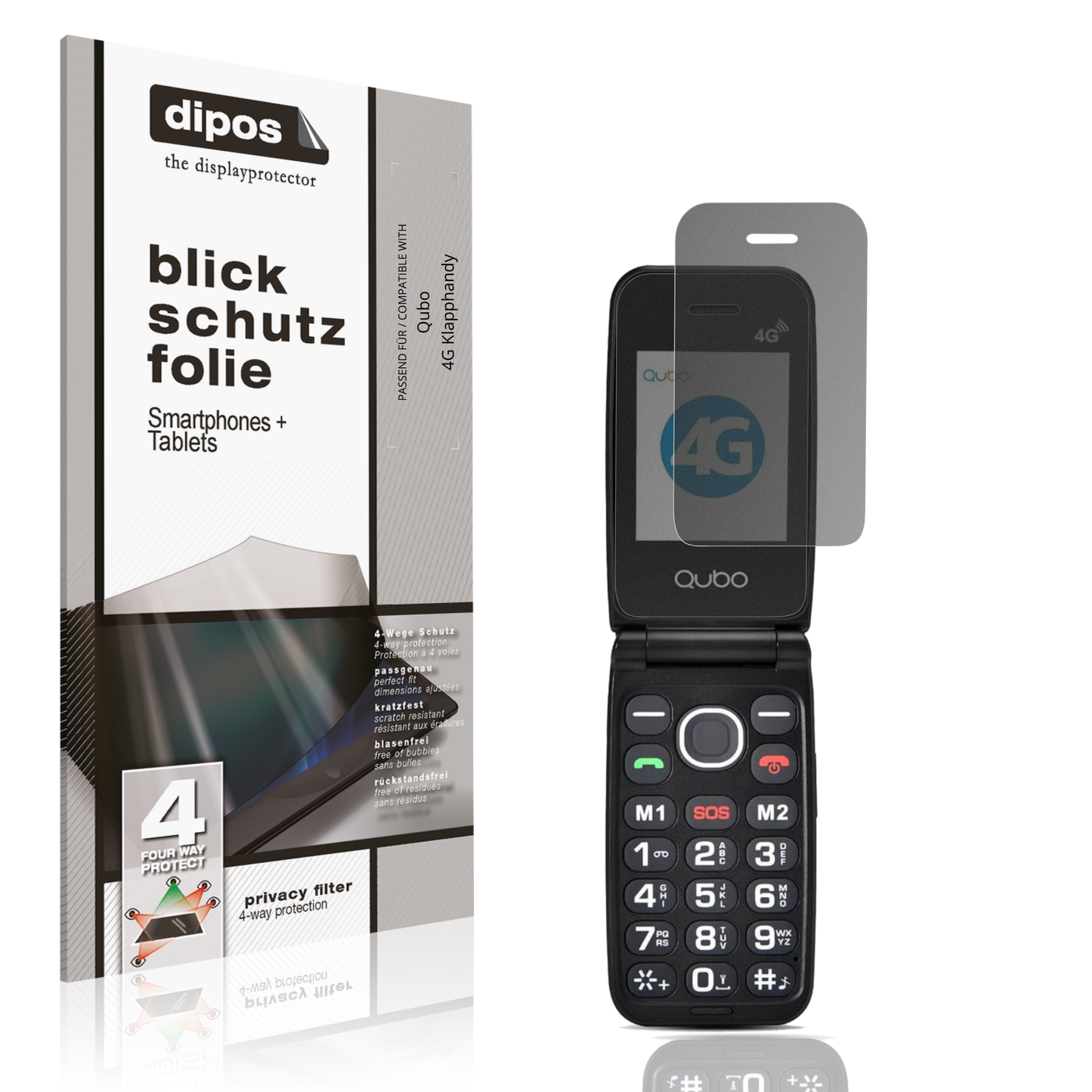 Blickschutzfolie von dipos passend für Qubo 4G Klapphandy, präziser Zuschnitt und blasenfrei montiert