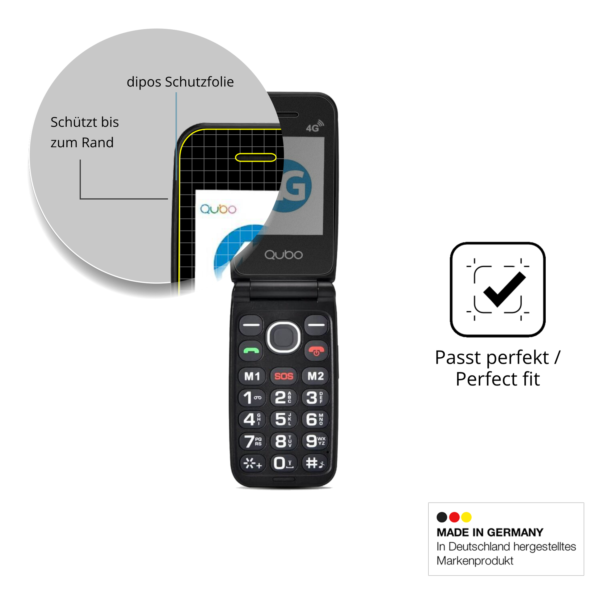 Schutz gegen Kratzer auf dem Qubo 4G Klapphandy Glas durch Schlüssel oder Ähnliches