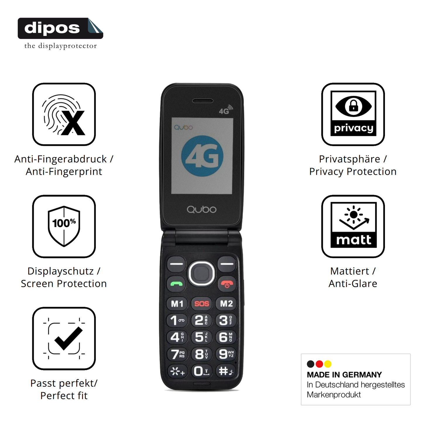 Privatsphäre-Schutz durch Sichtschutz-Folie passend zugeschnitten für Qubo 4G Klapphandy