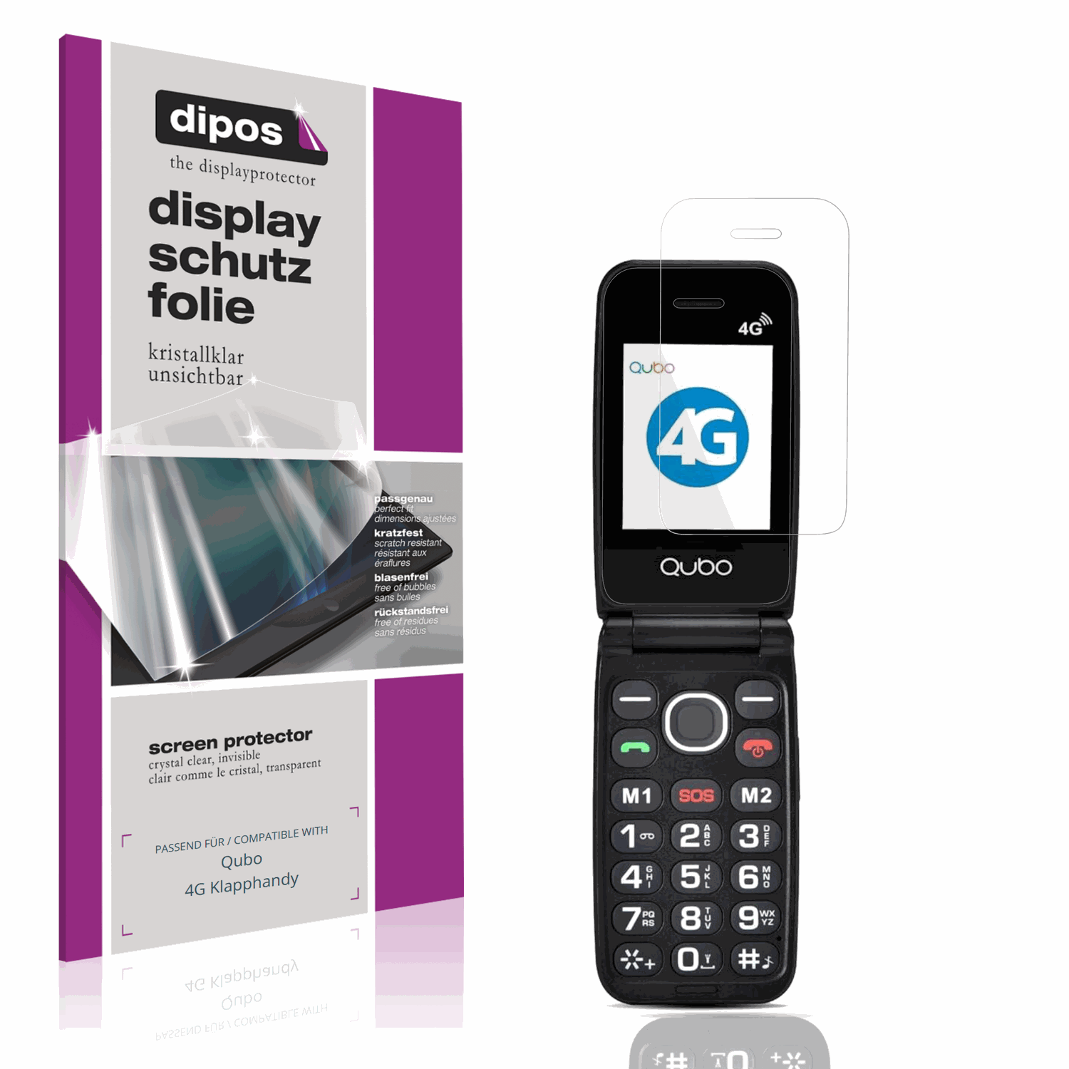 Klare Displayschutzfolie von dipos passend für Qubo 4G Klapphandy, präziser Zuschnitt und blasenfrei montiert