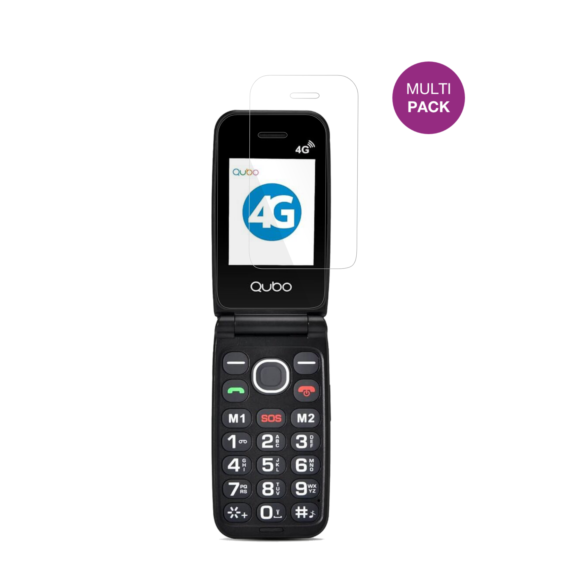 Qubo4G Klapphandy mit aufgebrachter dipos Displayschutzfolie, glasklare Darstellung ohne Einschränkungen