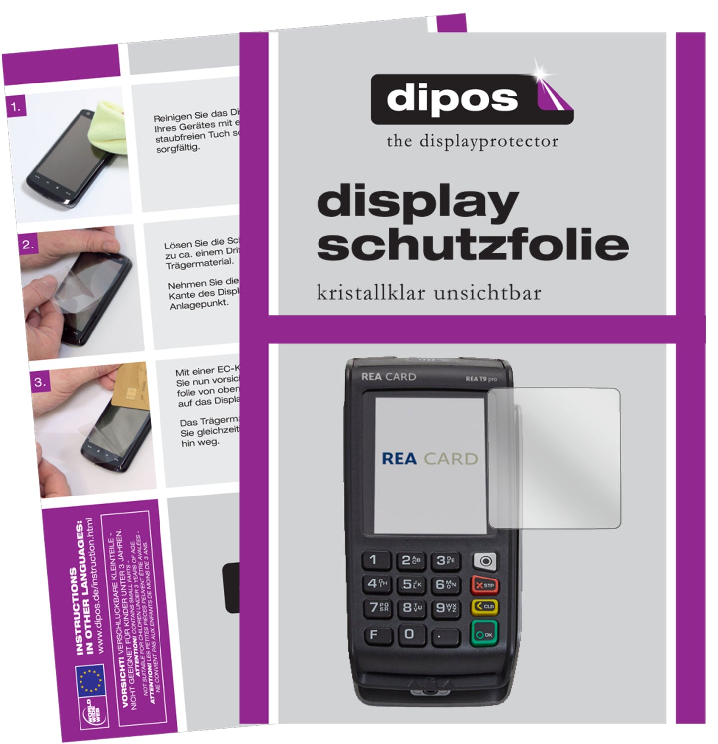 Klare Displayschutzfolie von dipos passend für REA CARD T9 pro Terminal, präziser Zuschnitt und blasenfrei montiert