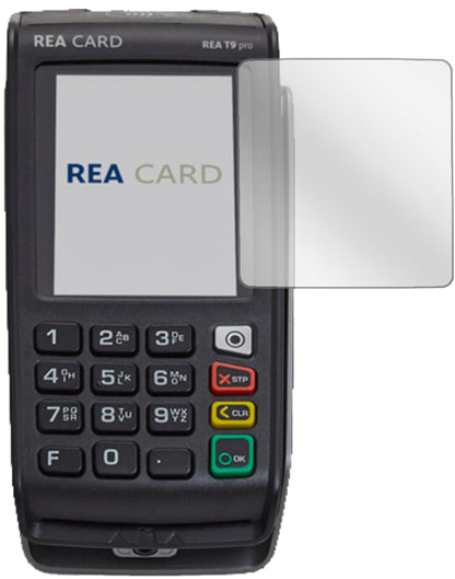 REA CARDT9 pro Terminal mit aufgebrachter dipos Displayschutzfolie, glasklare Darstellung ohne Einschränkungen