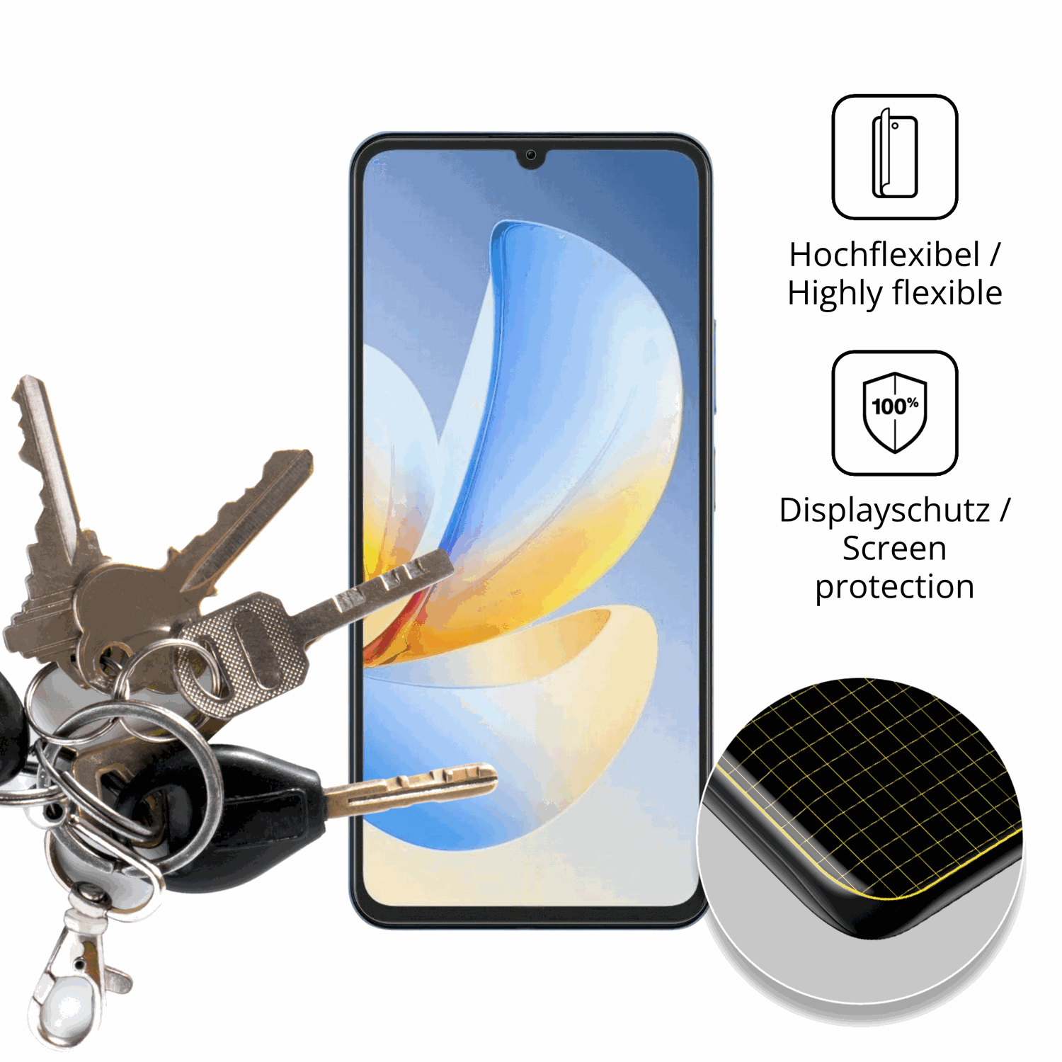 dipos Displayschutz für Realme P4 Lite, transparente Oberfläche, perfekte Passform auch für die Rundungen
