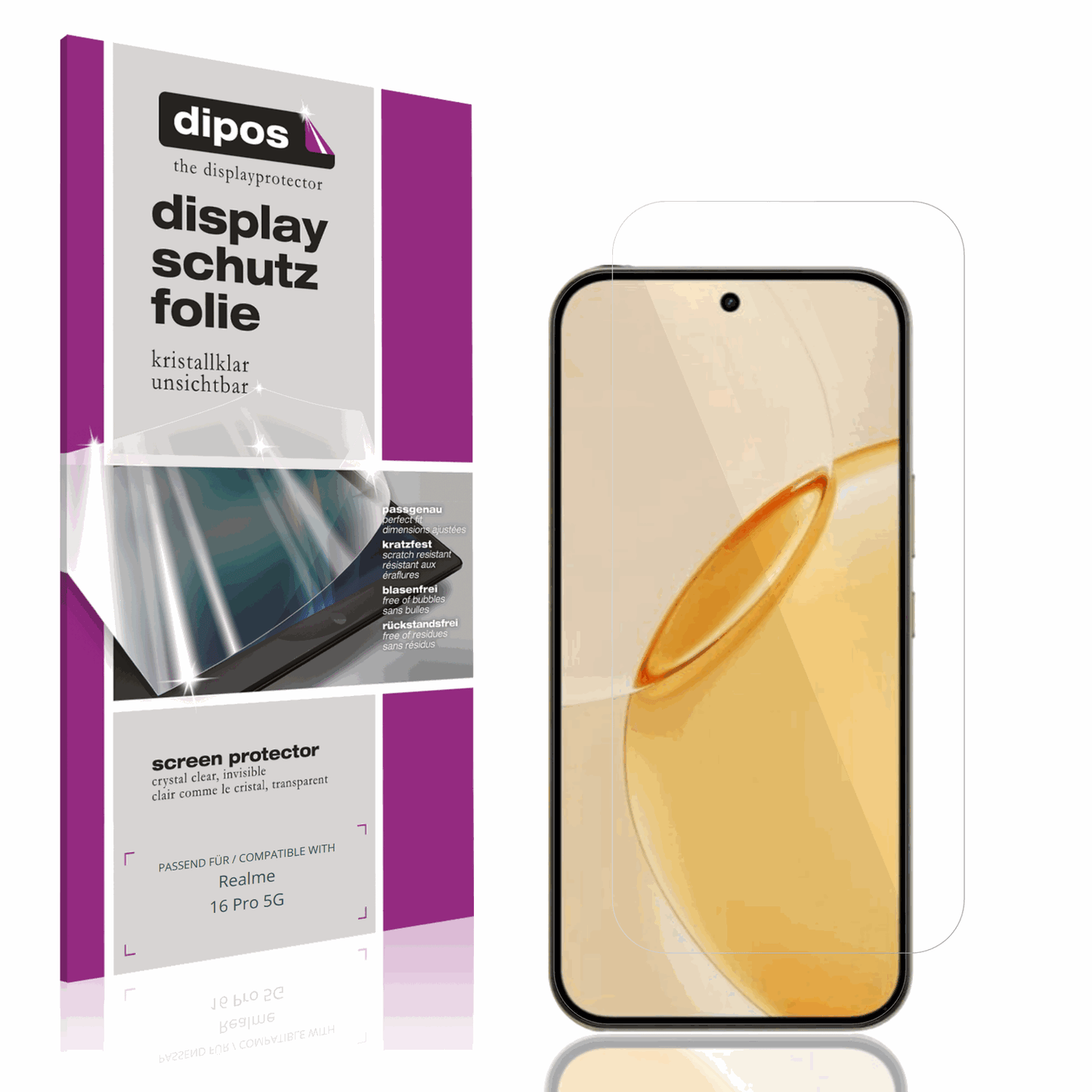 Klare Displayschutzfolie von dipos passend für Realme 16 Pro 5G, präziser Zuschnitt und blasenfrei montiert