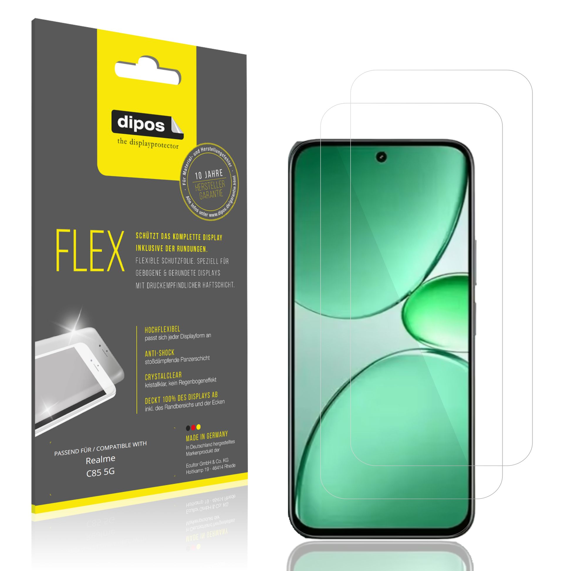 Klare Displayschutzfolie von dipos passend für realmec85 5g, 100% Displayabdeckung und blasenfreie Montage