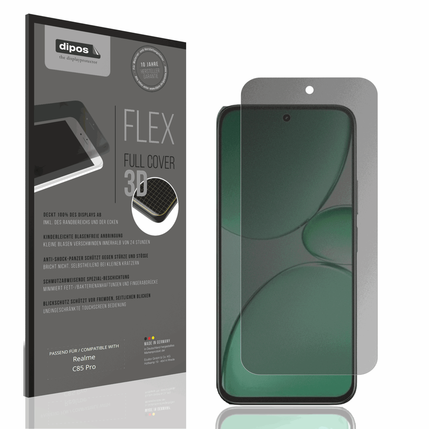 Blickschutzfolie von dipos passend für realmec85 pro, 100% Displayabdeckung und blasenfreie Montage