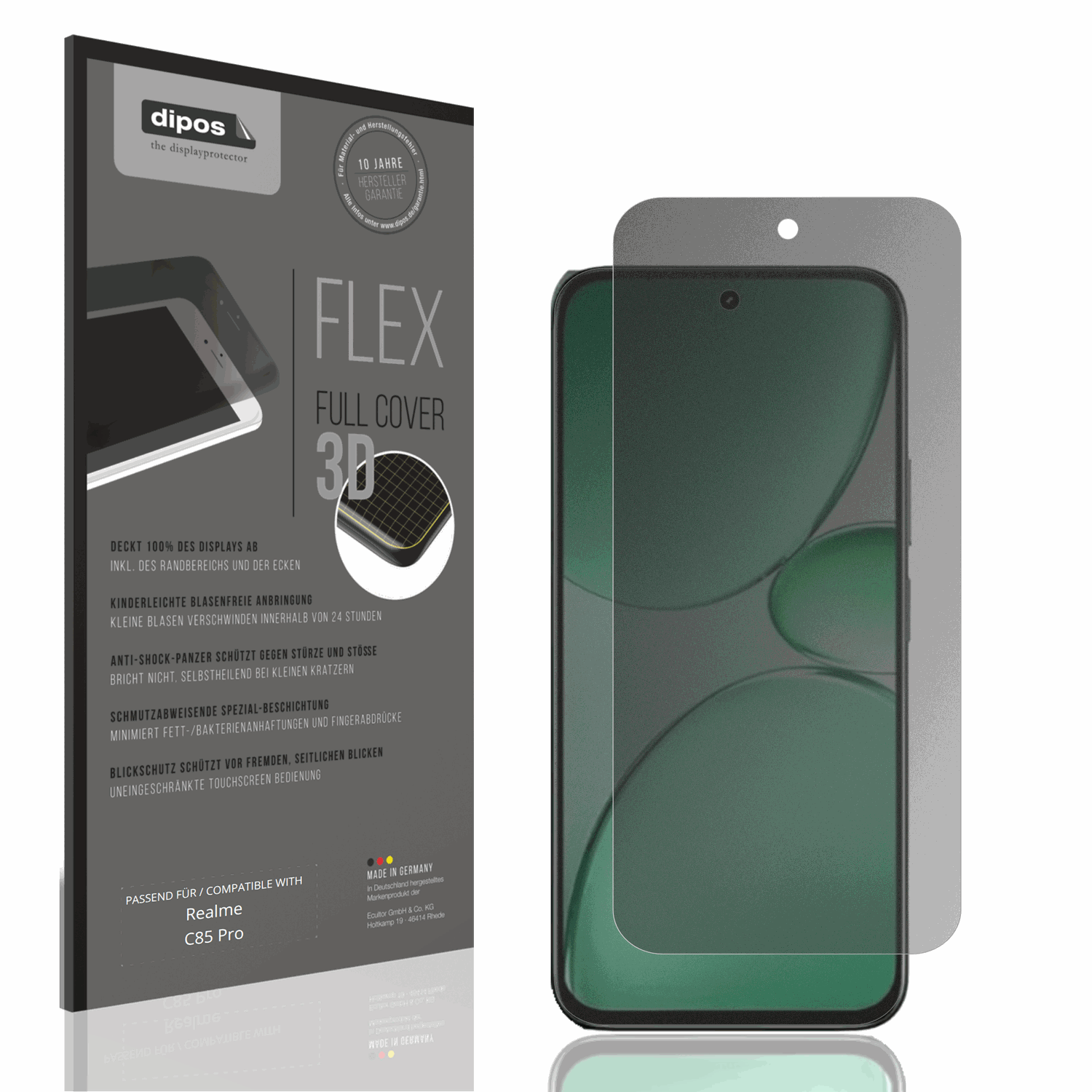 Blickschutzfolie von dipos passend für realmec85 pro, 100% Displayabdeckung und blasenfreie Montage