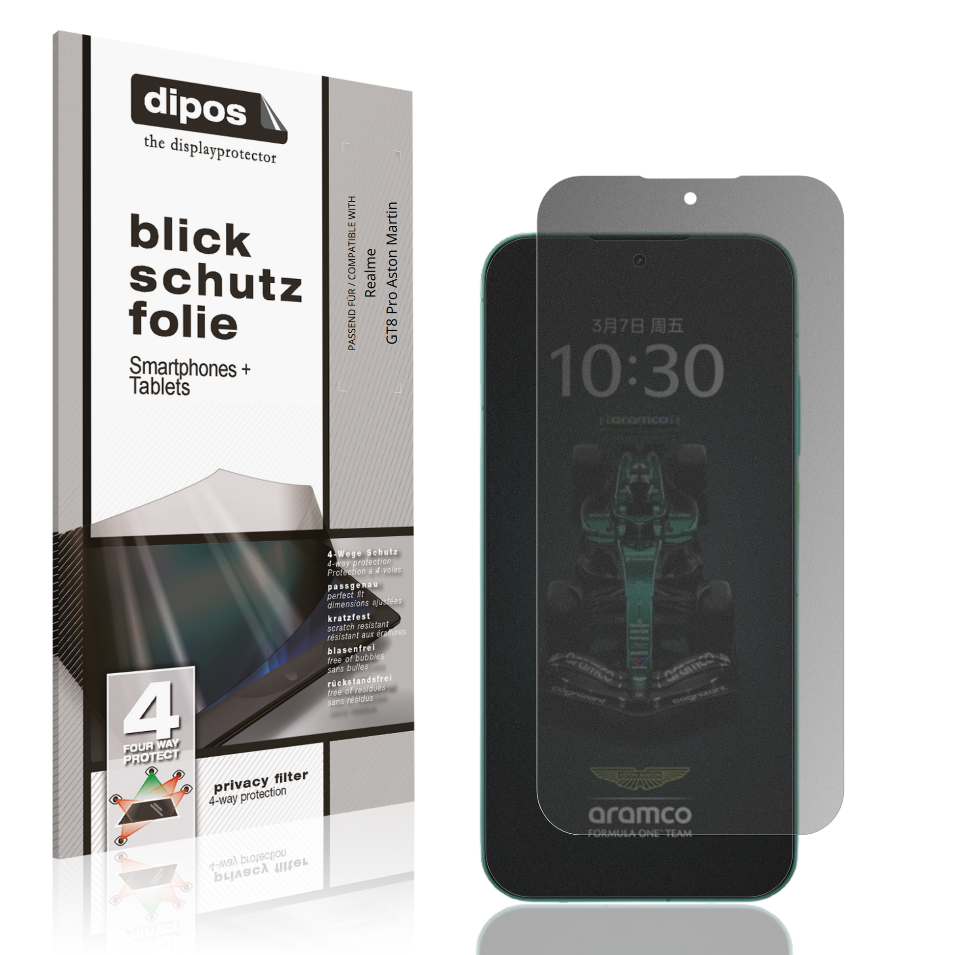 Blickschutzfolie von dipos passend für realmegt8 pro aston martin, präziser Zuschnitt und blasenfrei montiert
